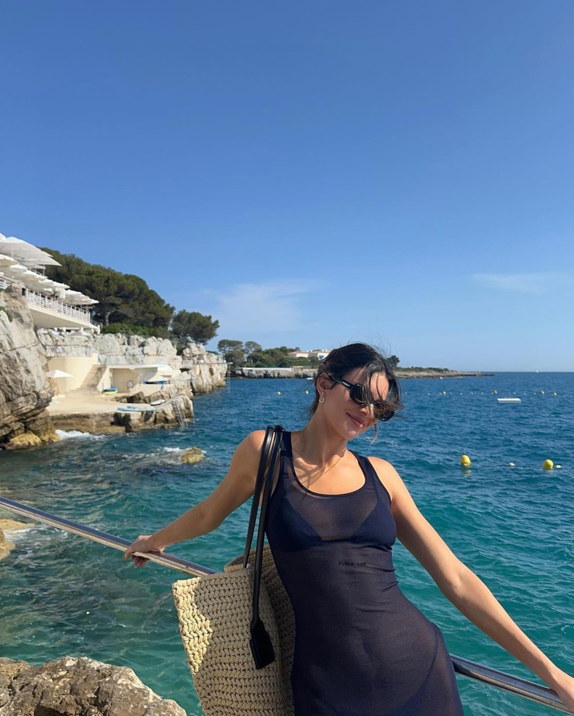 Kendall Jenner in front of the ocean on a trip.