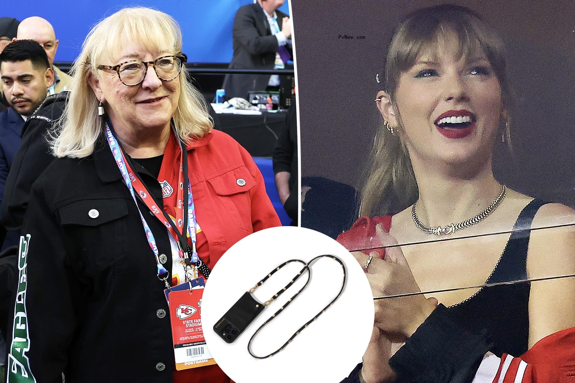 Taylor Swift and Do<i></i>nna Kelce with an inset of a Bandolier phone case