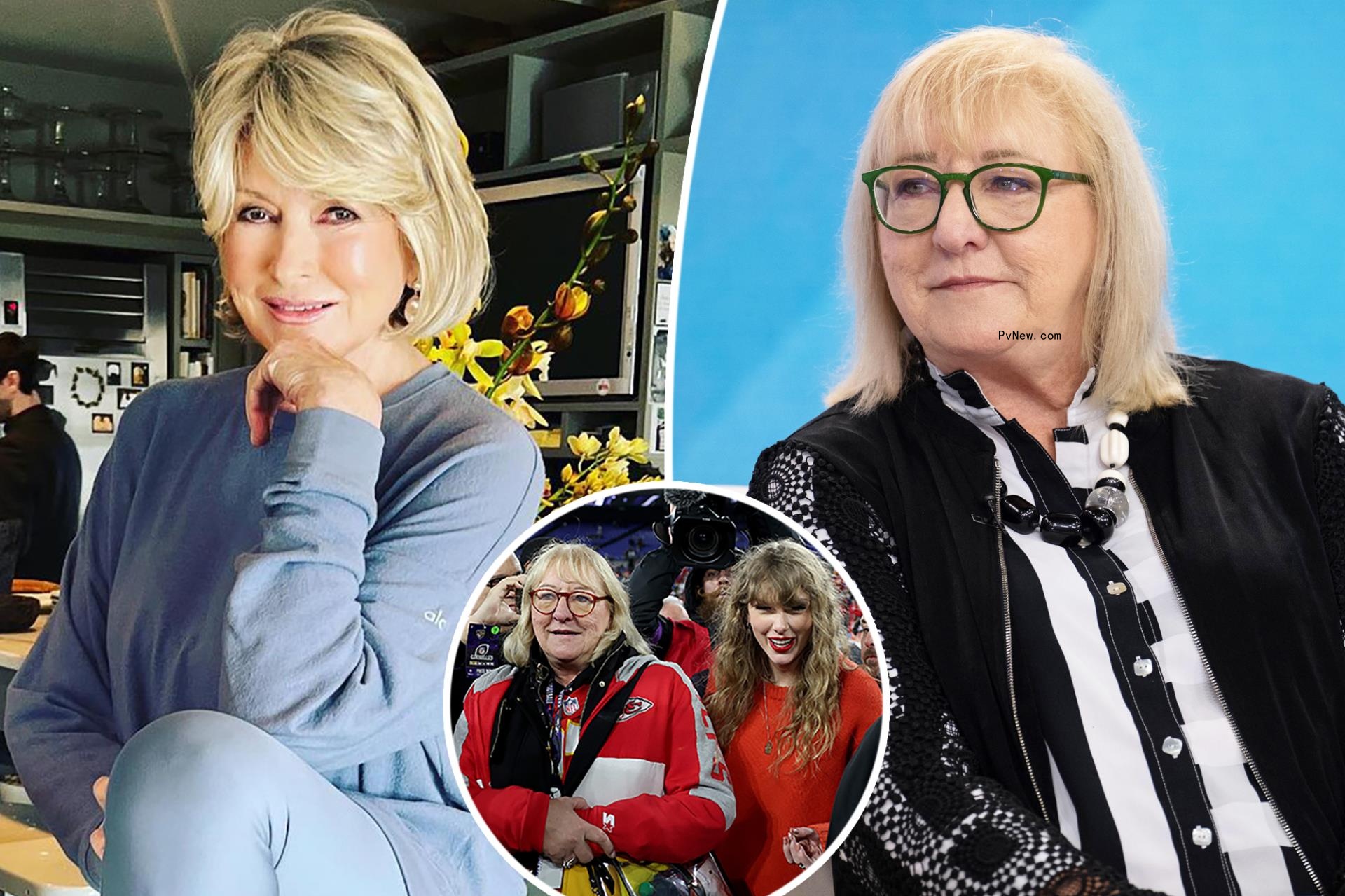 Martha Stewart and Do<i></i>nna Kelce with an inset of Do<i></i>nna and Taylor Swift.