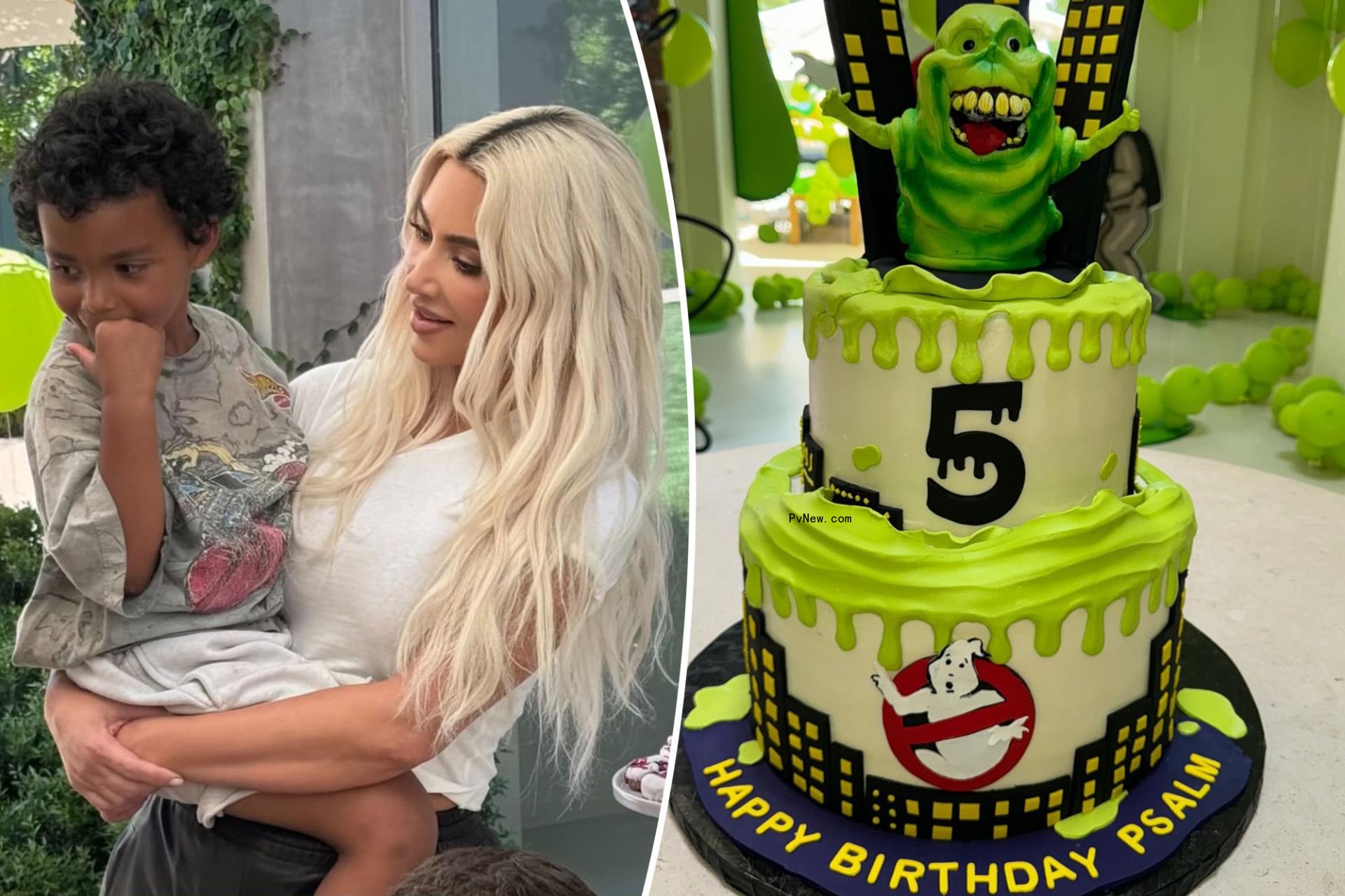 A split photo of Kim Kardashian holding Psalm and Psalm's birthday cake