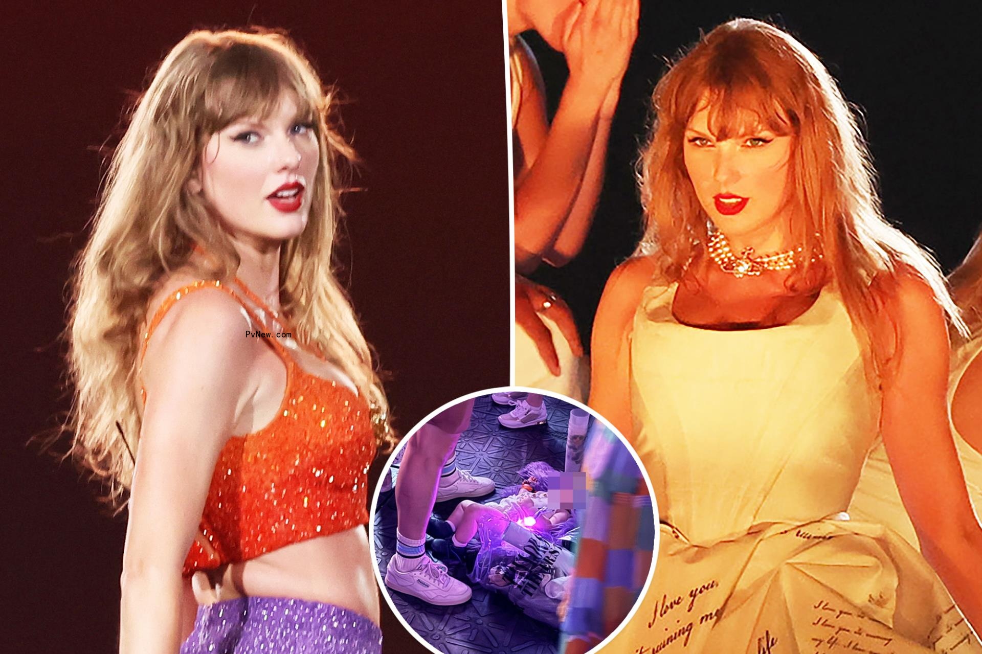 Two split photos of Taylor Swift singing and a small photo of a baby on the floor