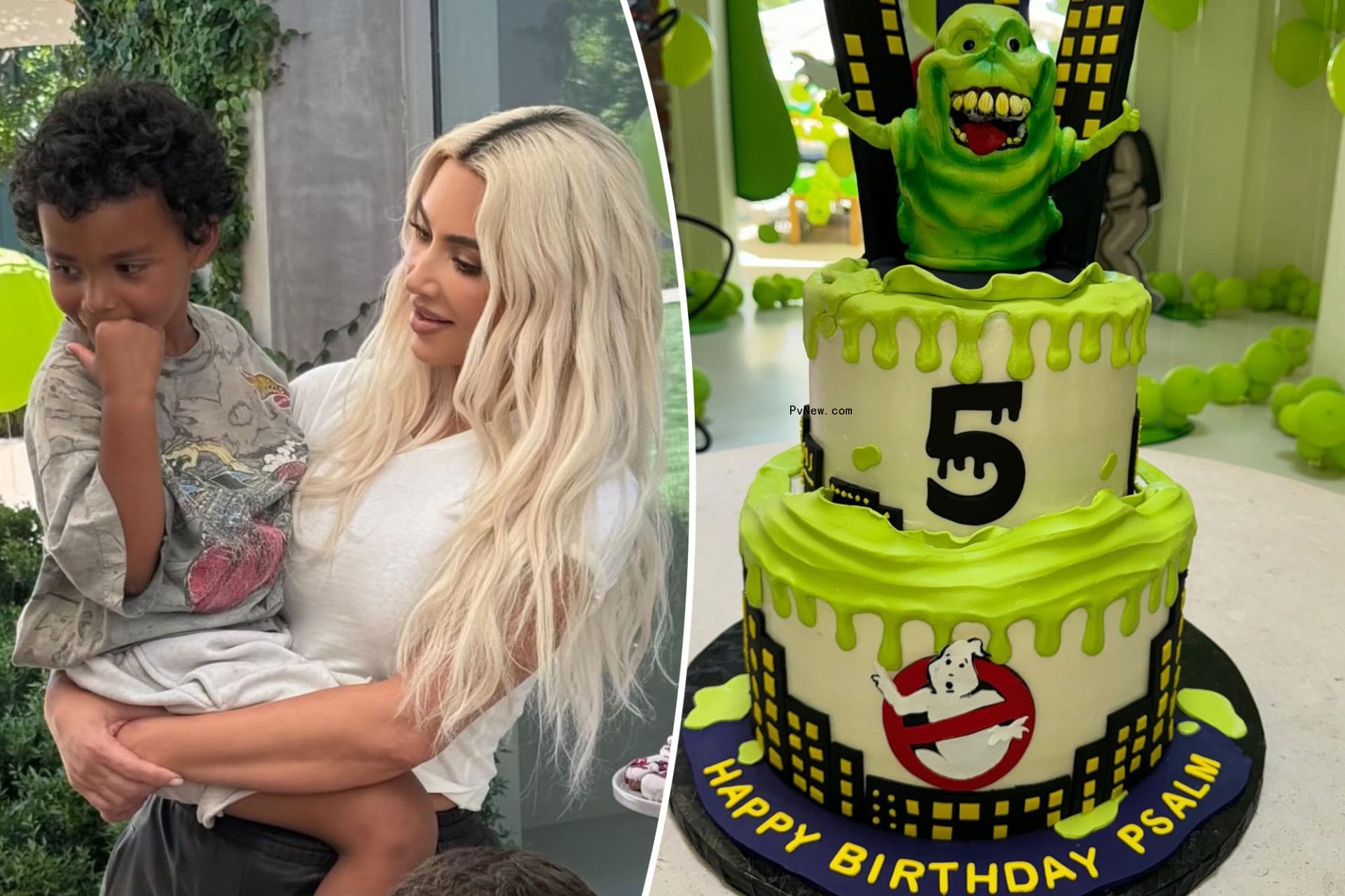 A split photo of Kim Kardashian holding Psalm and Psalm's birthday cake