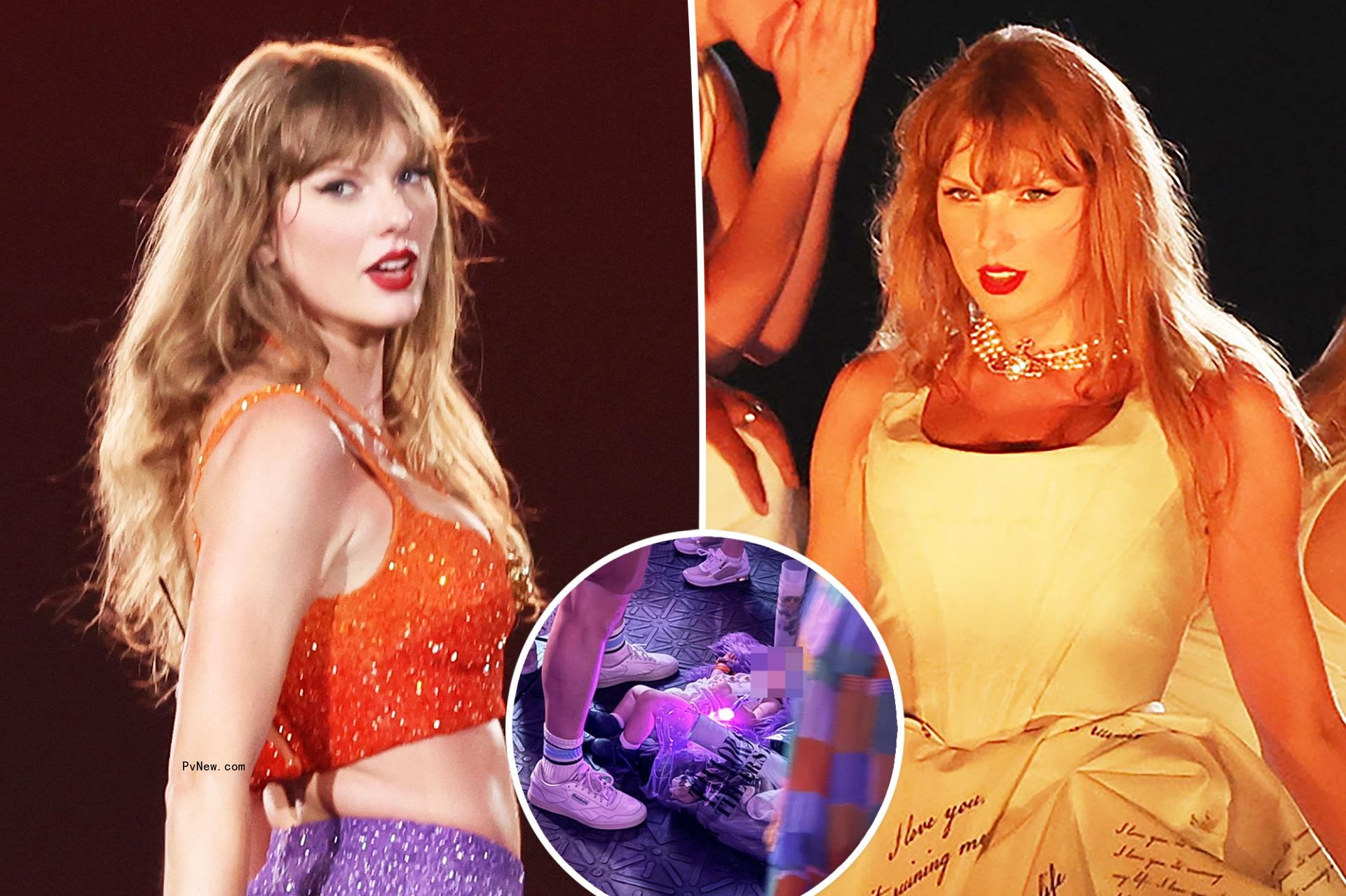 Two split photos of Taylor Swift singing and a small photo of a baby on the floor