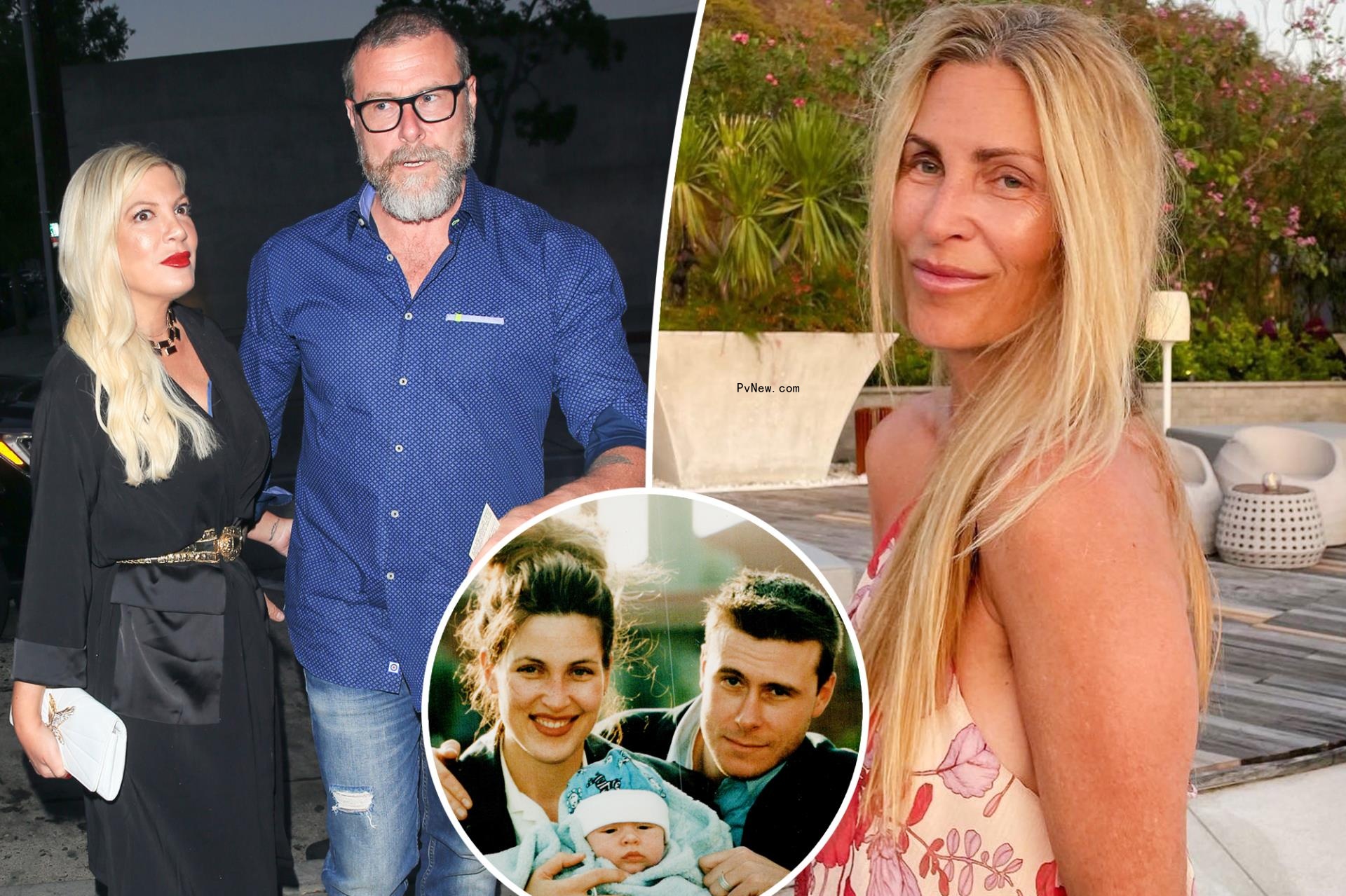 A split photo of Tori Spelling and Dean McDermott and Mary Jo Eustace posing and a small photo of Mary Jo Eustace and Dean McDermott with their baby