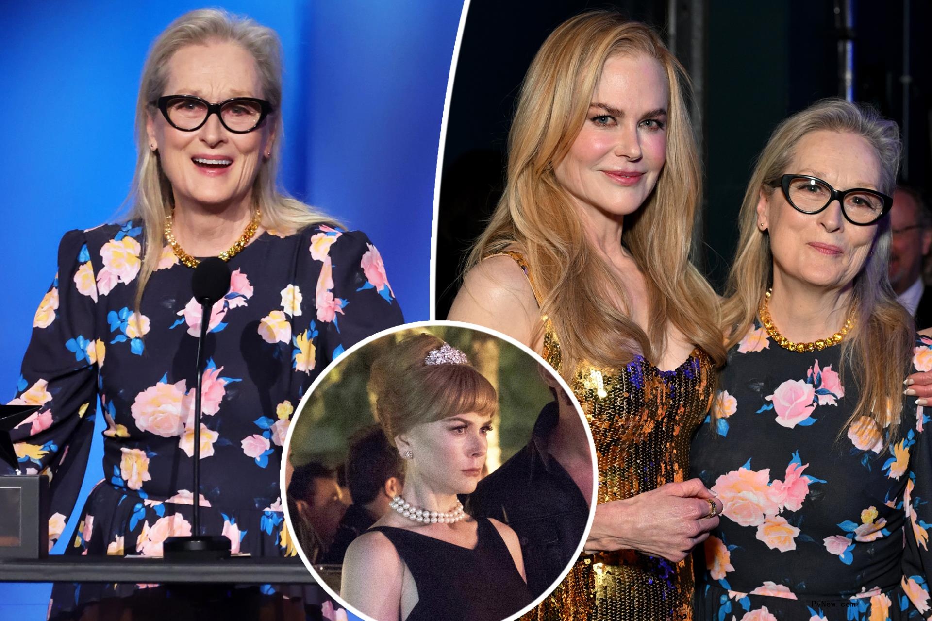 Meryl Streep split with Nicole Kidman with an inset of her character from Big Little Lies.