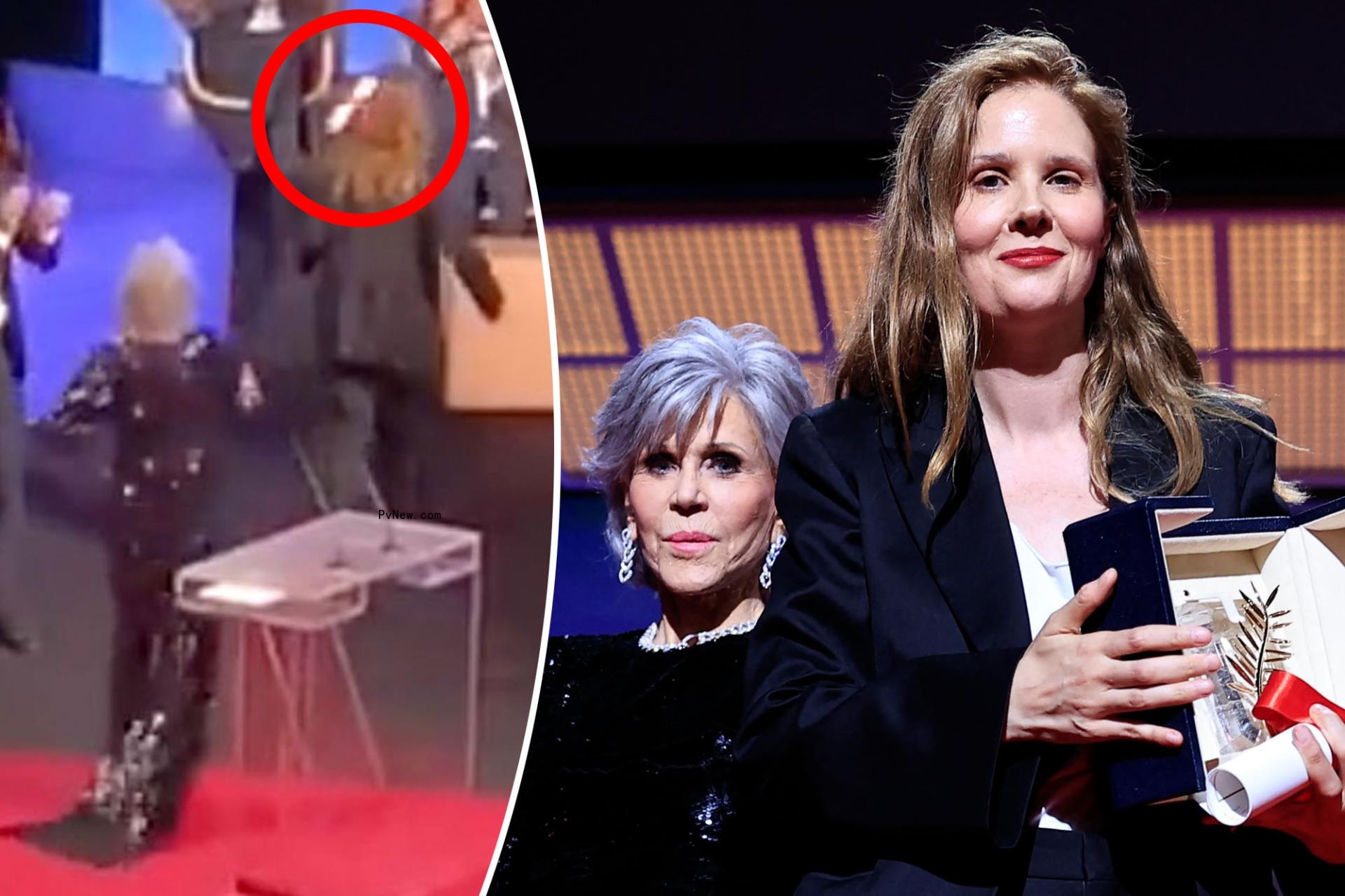 Jane Fo<i></i>nda stands with Justine Triet, split with Fo<i></i>nda throwing an award at Triet