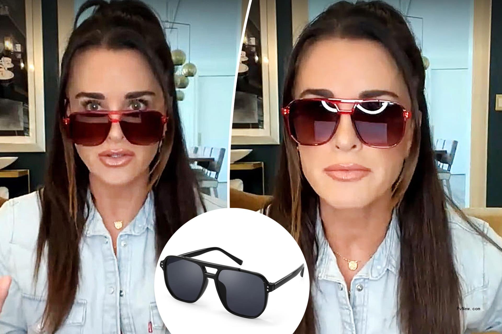 Kyle Richard wearing sunglasses, with a inset of the sunglasses