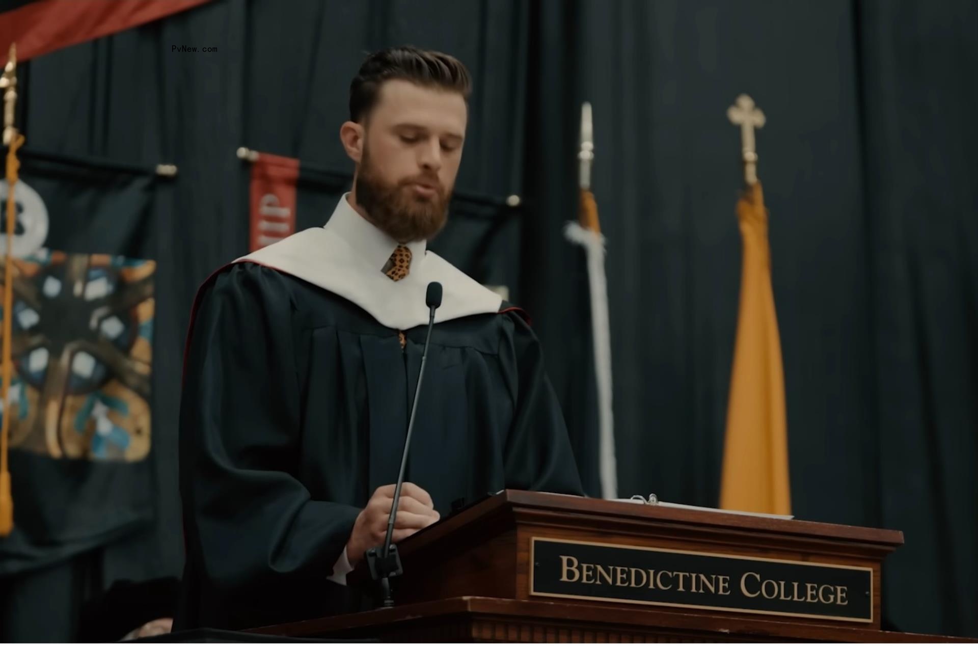 Harrison Butker speaking at Benedictine College.