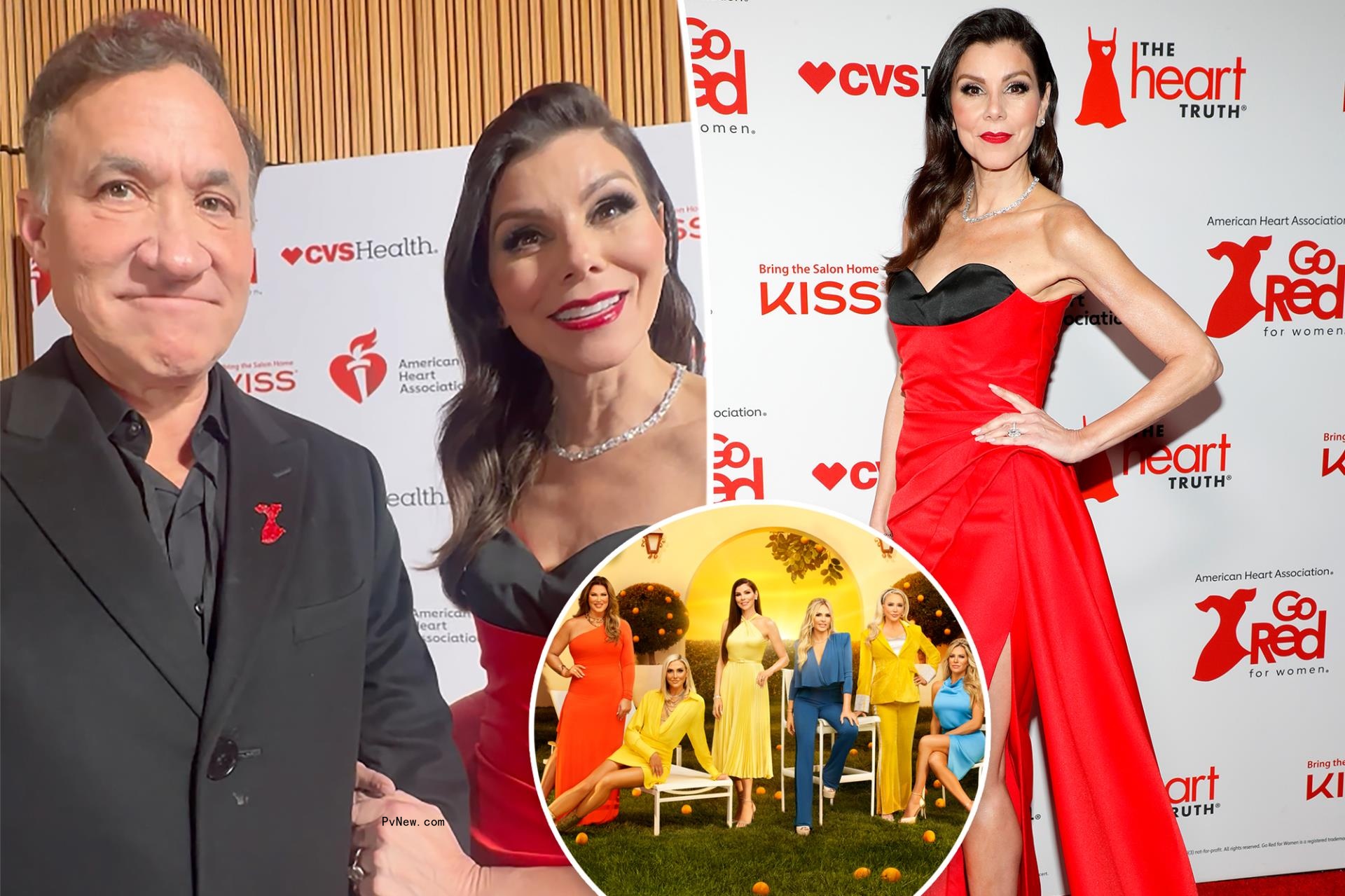 A split photo of Terry and Heather Dubrow talking and Heather Dubrow posing and a small photo of the