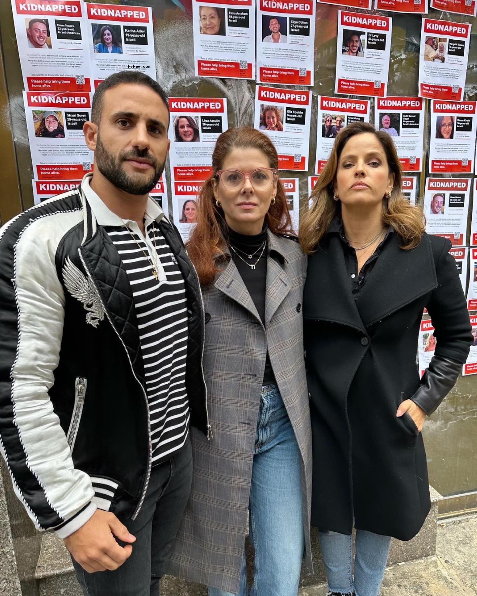 Eliad Cohen and Debra Messing pose with a fellow activist Noa Tishby in NYC