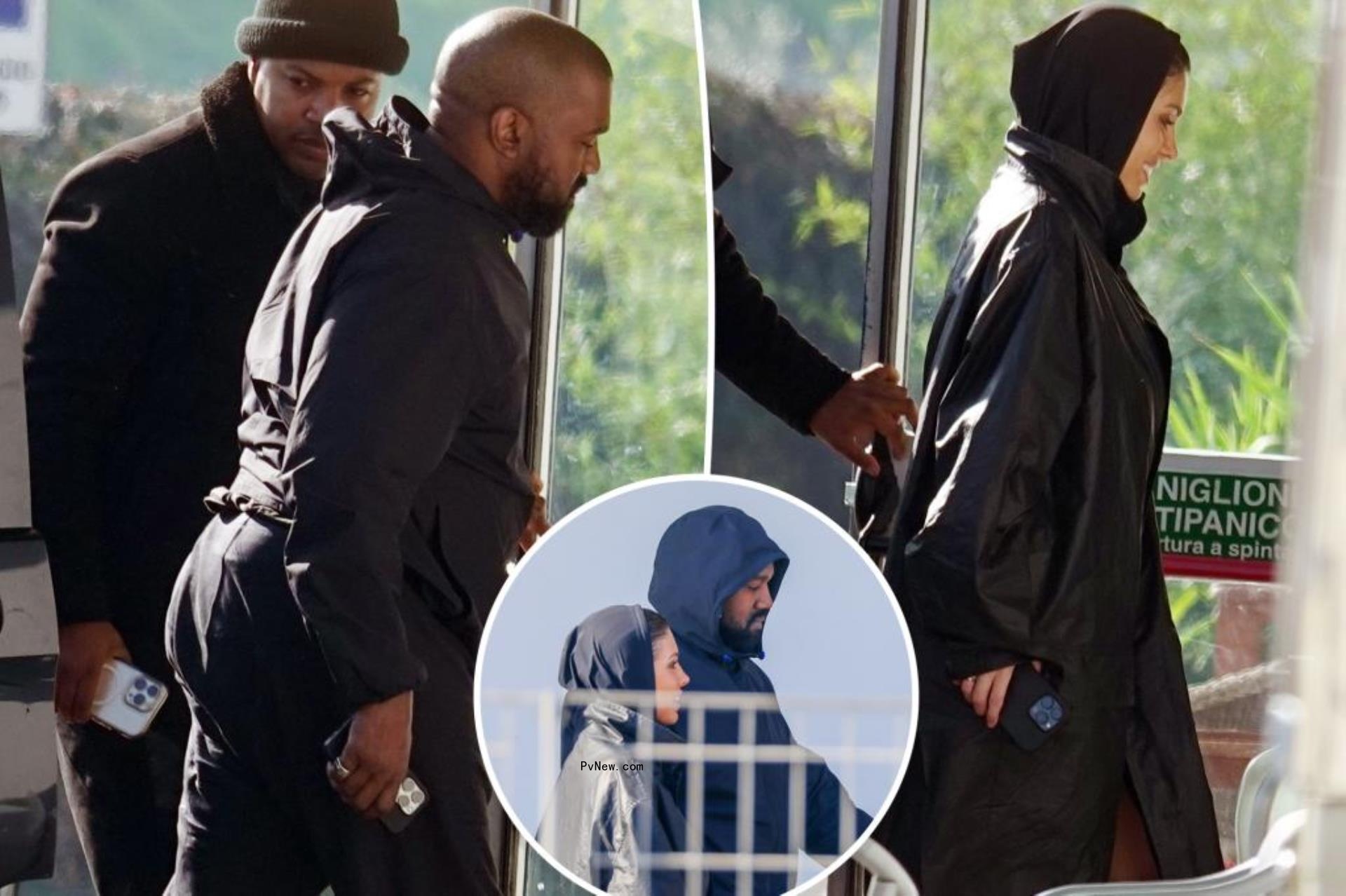 A split photo of Kanye West getting out of a car and Bianca Censori walking and a small photo of Kanye West and Bianca Censori walking together