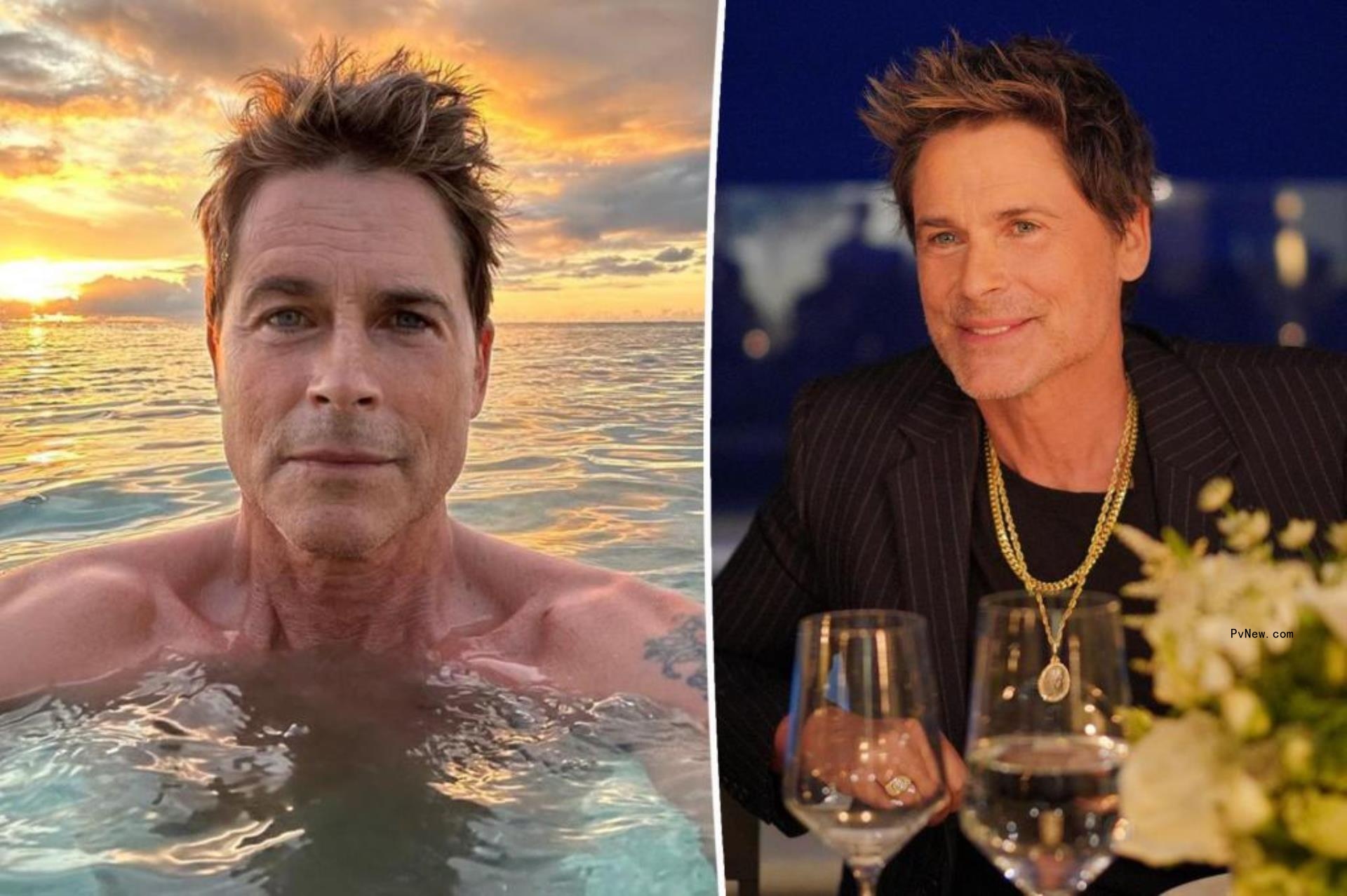 A split of Rob Lowe in the ocean and at dinner.