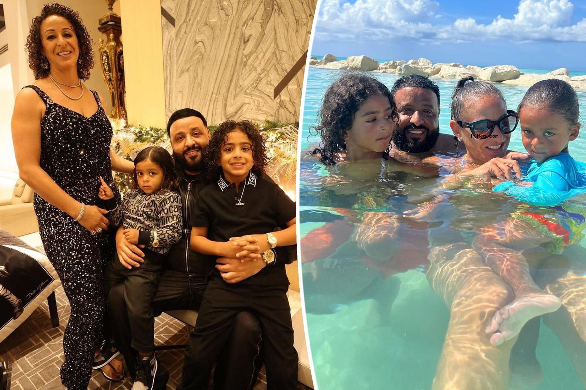 Split screen of DJ Khaled with children and wife on left and right.