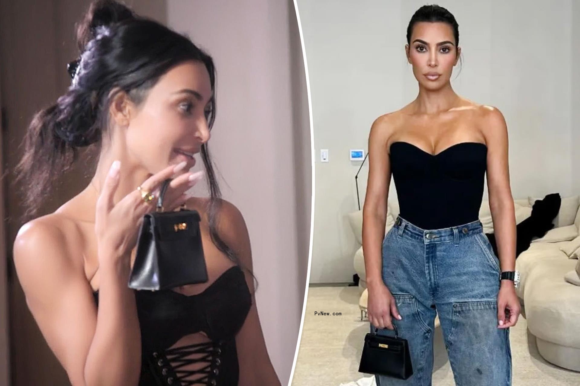 A split photo of Kim Kardashian holding a purse and Kim Kardashian posing for a photo
