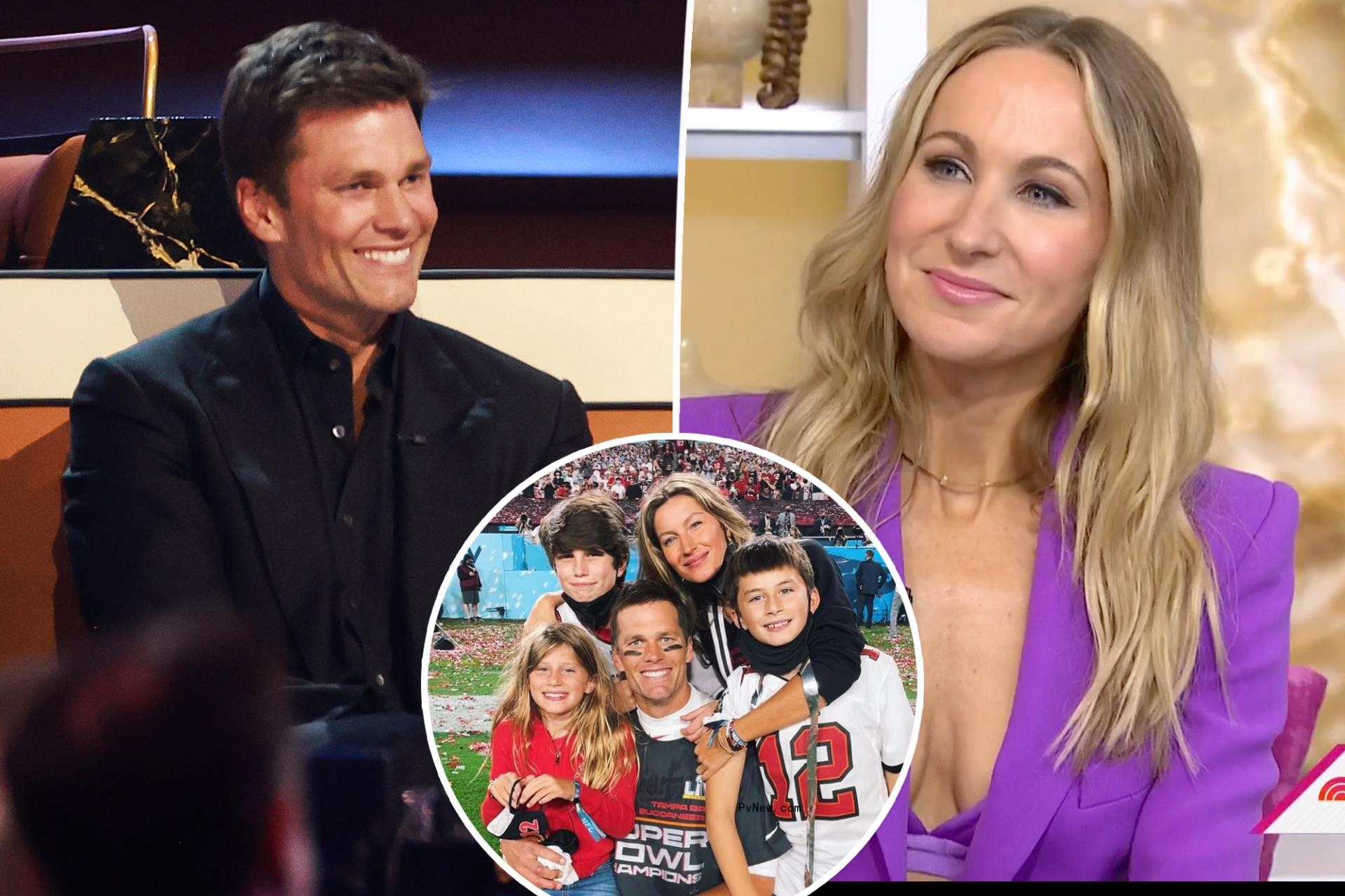 Tom Brady, split with Nikki Glaser, as well as an inset of Gisele Bündchen and their kids