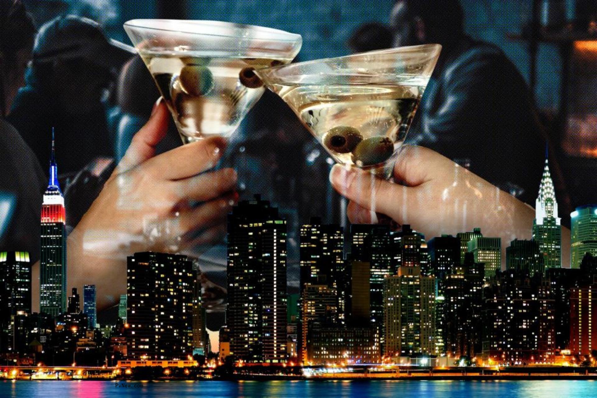 Martini glasses are toasted above the New York skyline in this Pvnew composite.