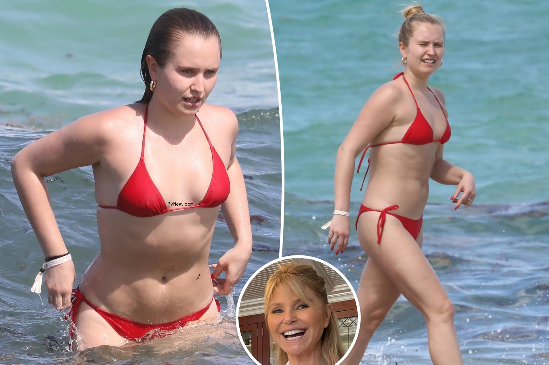A composite of Sailor Brinkley-Cook at the beach and an inset of Christie Brinkley.