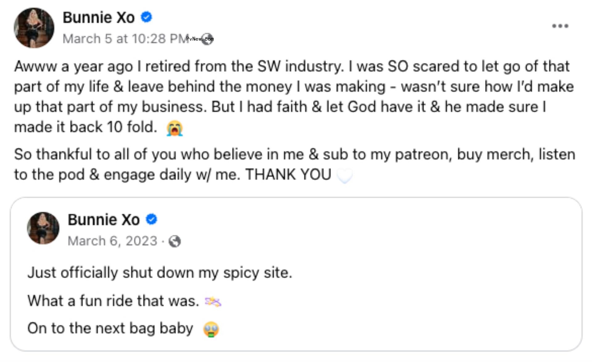 Bunnie XO's FaceBook post.