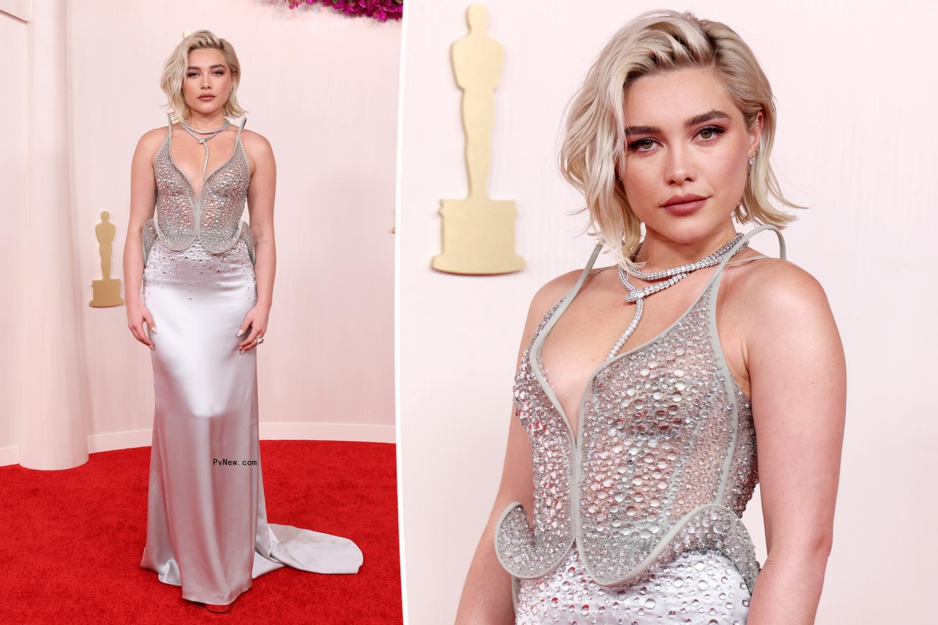 Florence Pugh goes sculptural for Oscars 2024 in silver corset dress with floating straps