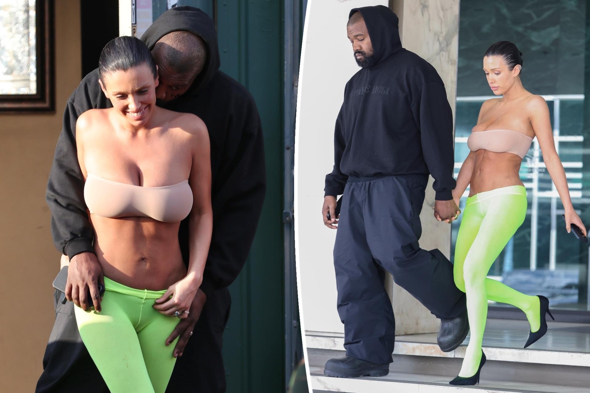 Kanye West pulls down wife Bianca Censori’s low-slung neon tights ahead of date at Cheesecake Factory
