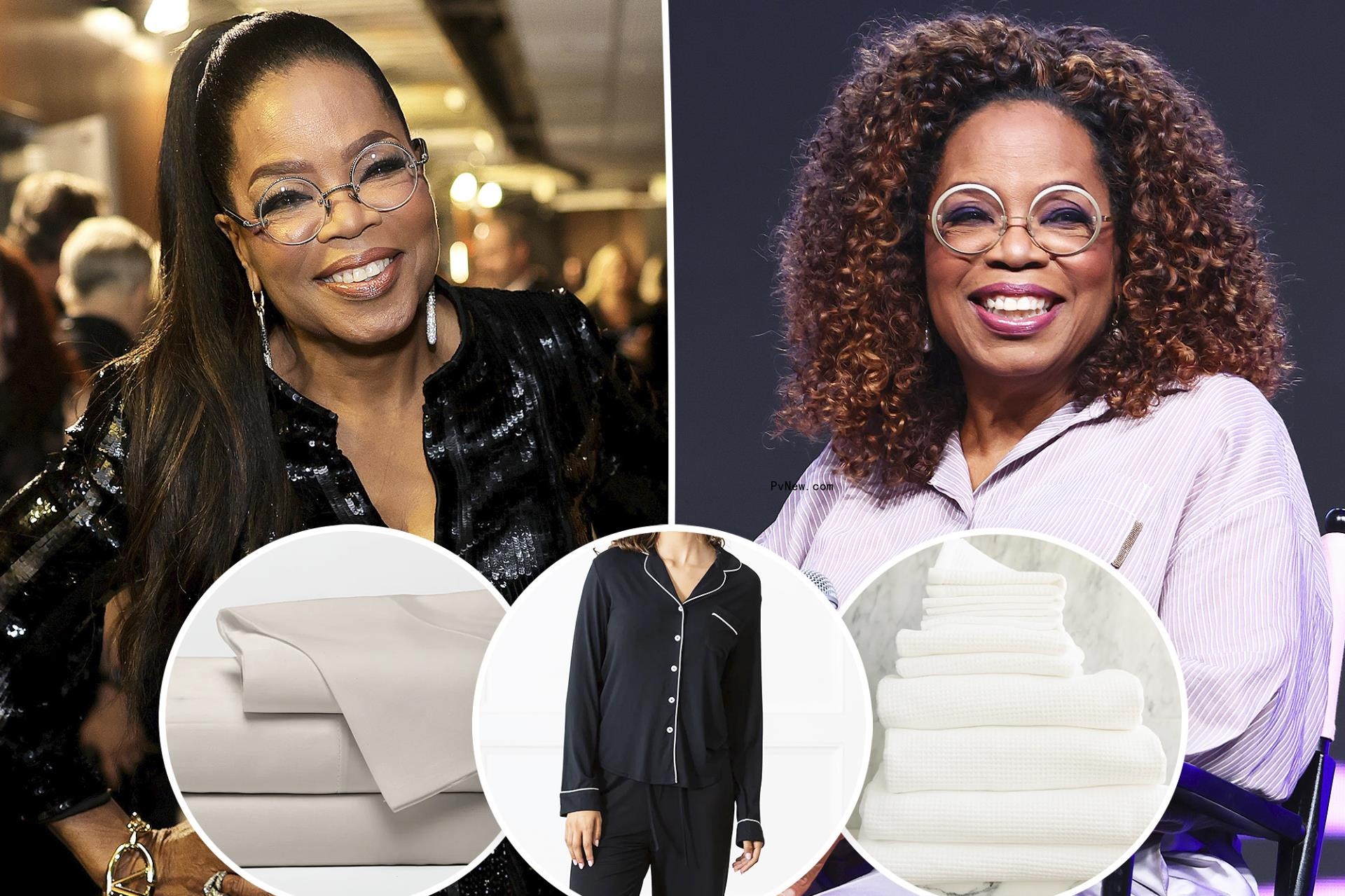 Oprah with insets of Cozy Earth bedding, towels and pajamas