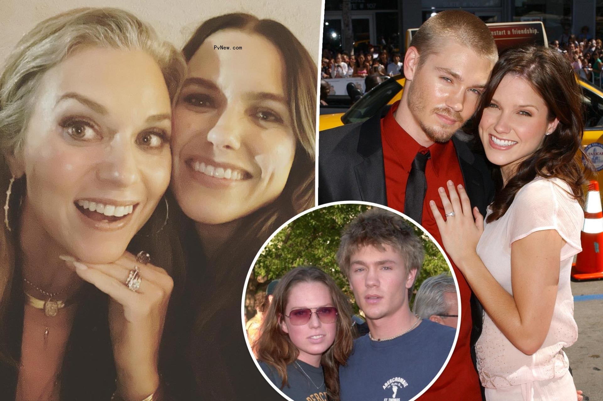 Left photo is a selfie of Hilarie Burton and Sophia Bush, the right photo shows Burton with Chad Michael Murray, and the middle photo shows Erin Foster and Murray