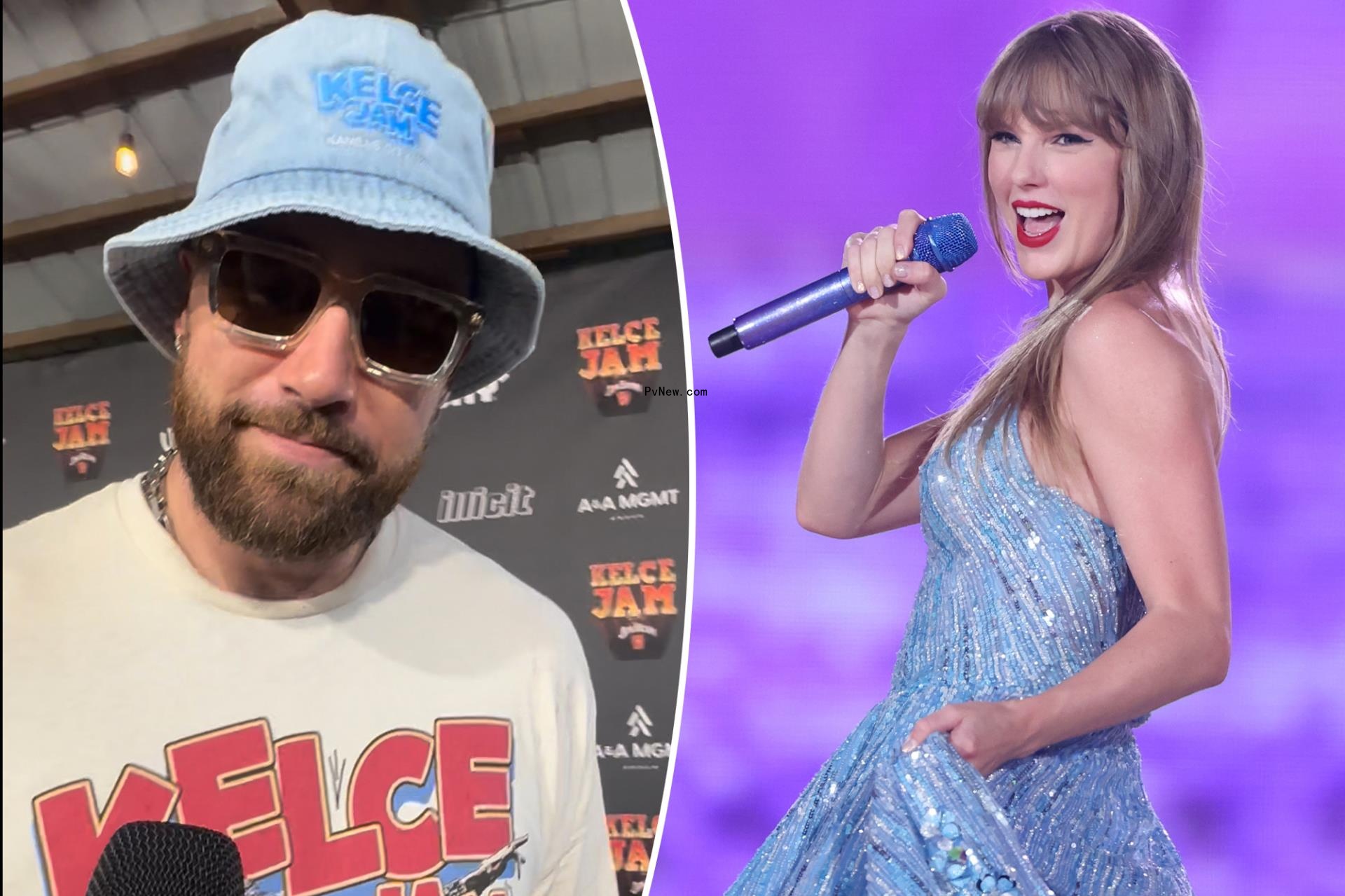 Travis Kelce split image with Taylor Swift