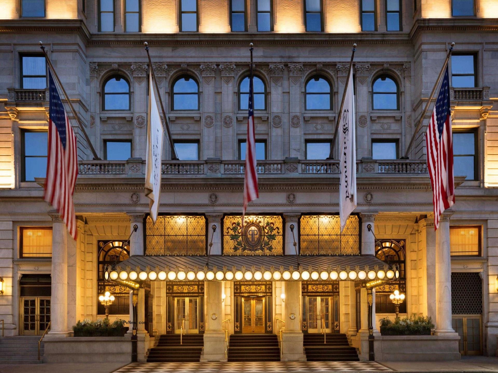 Exterior front entrance of New York City's Plaza Hotel.