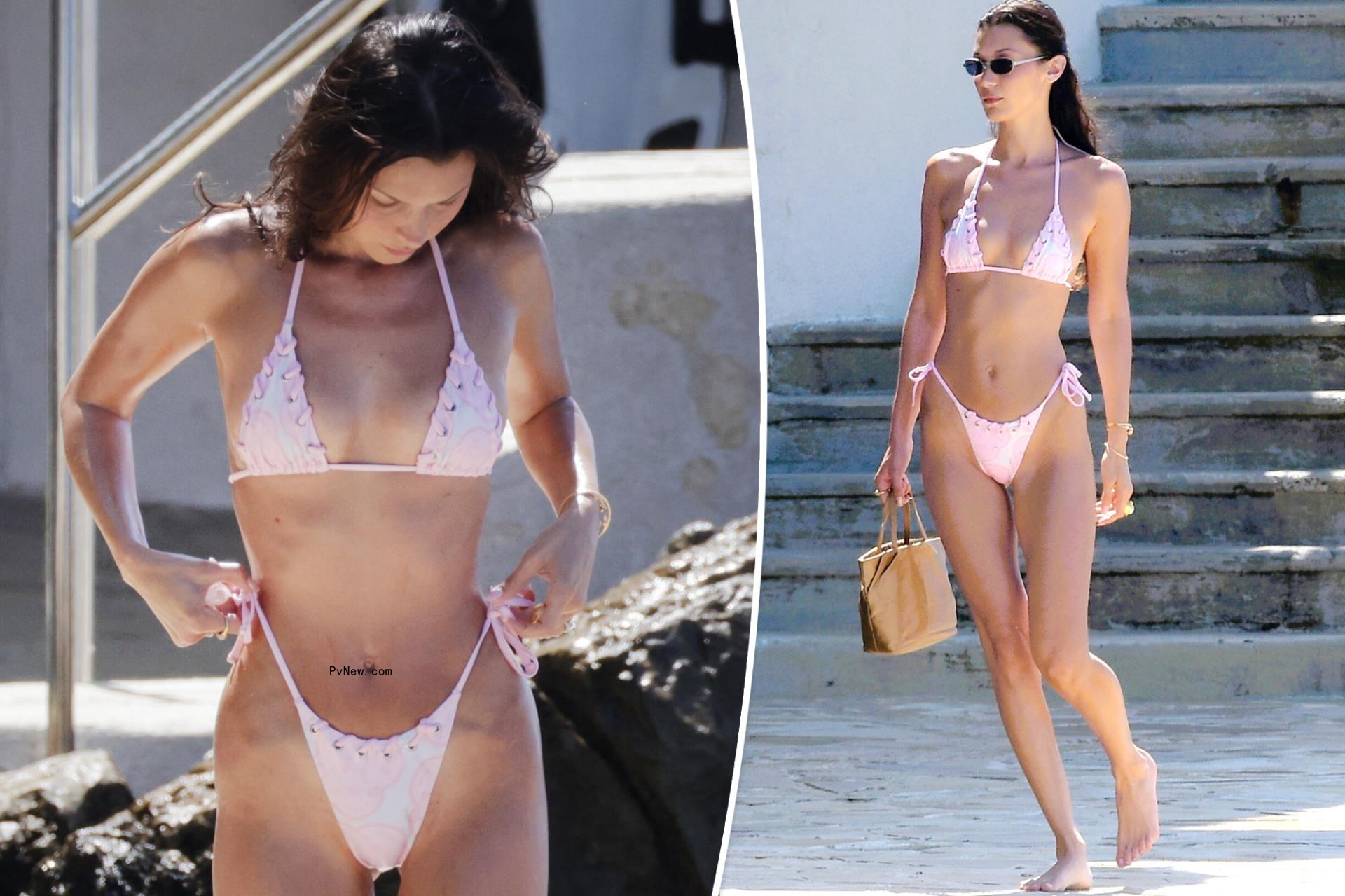 Bella Hadid wearing a pink bikini in Cannes