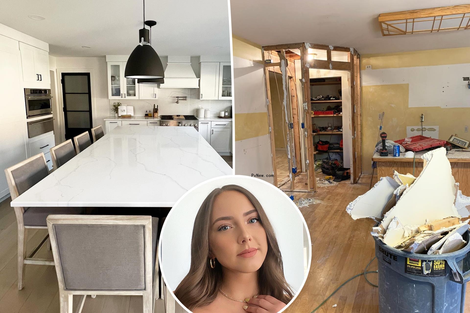 Hailie Jade Mathers' kitchen before and after with an inset of her.