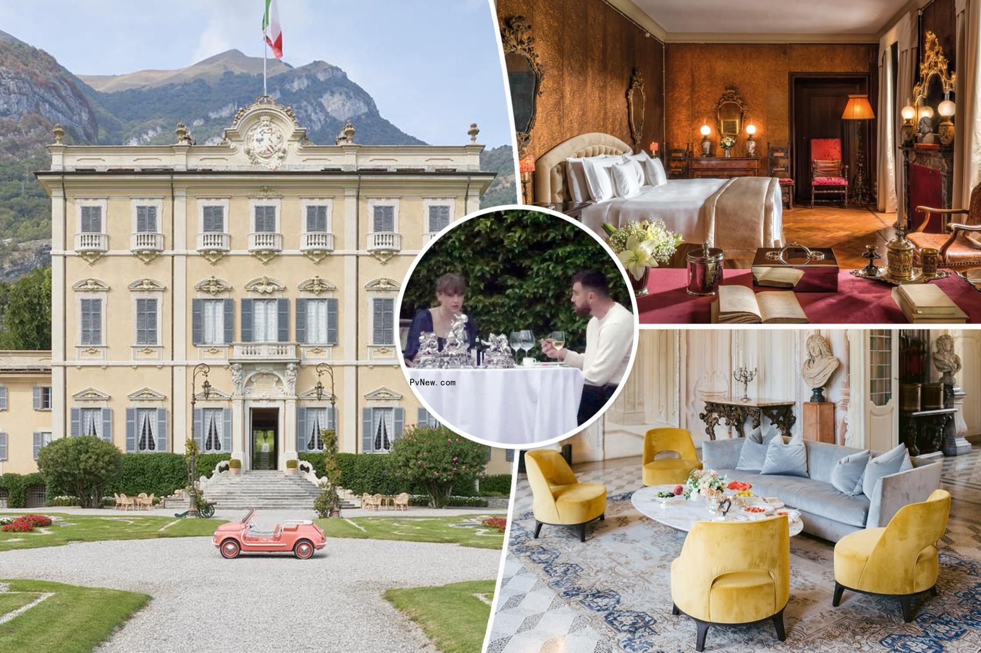 Split image of Villa Sola Cabiati with Taylor Swift and Travis Kelce.