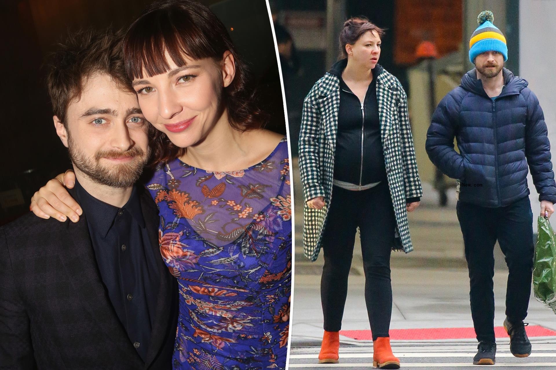 Daniel Radcliffe poses with Erin Darke in purple dress, split with the couple walking on street