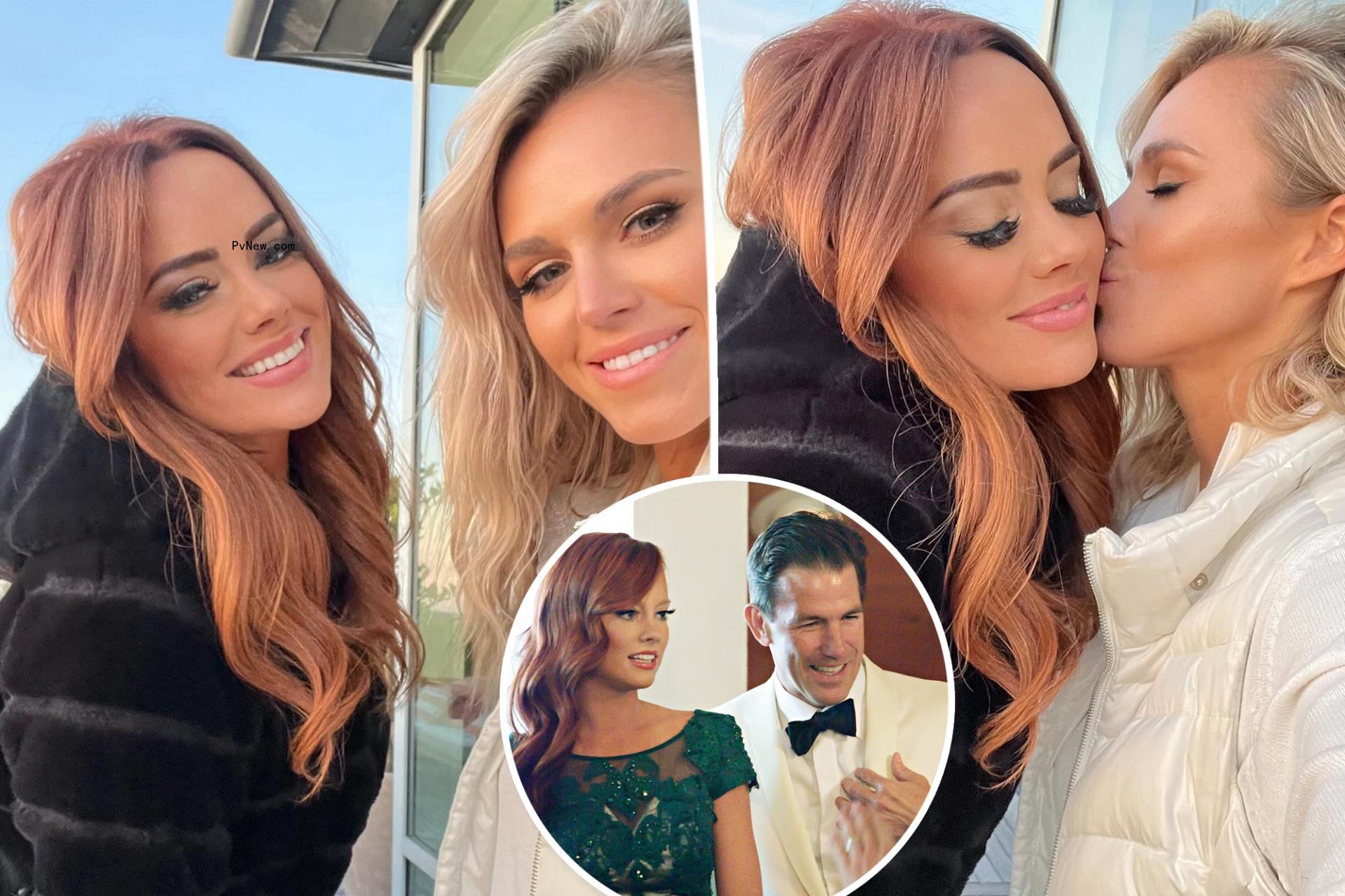 Two split selfies of Olivia Flowers and Kathryn Dennis and a small photo of Kathryn Dennis and Thomas Ravenel posing