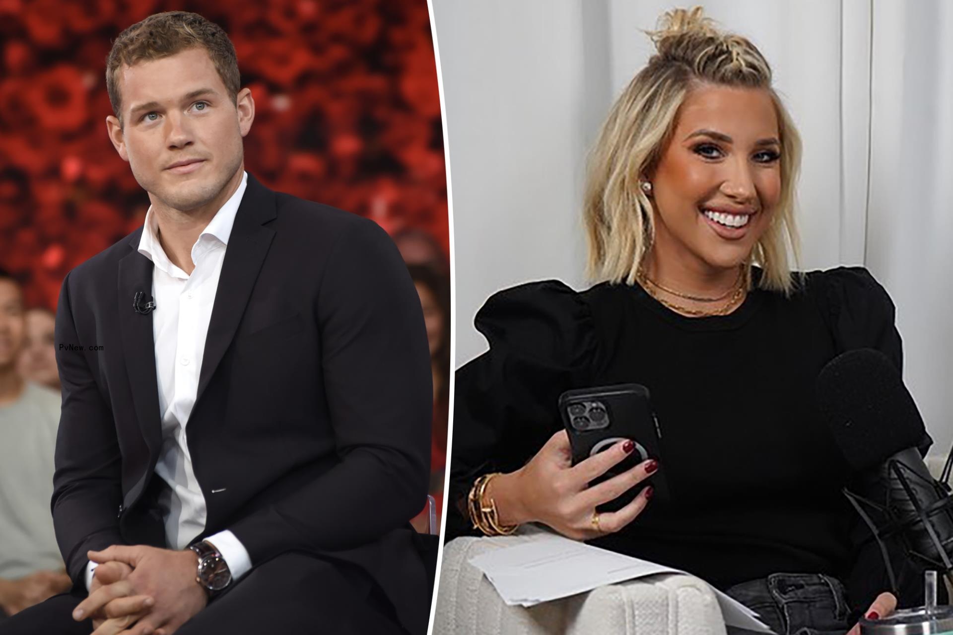 Colton Underwood sits in suit, split with Savannah Chrisley smiling on white armchair