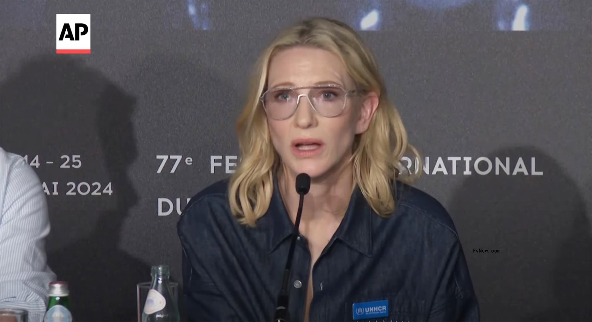 Cate Blanchett talking at a press conference.