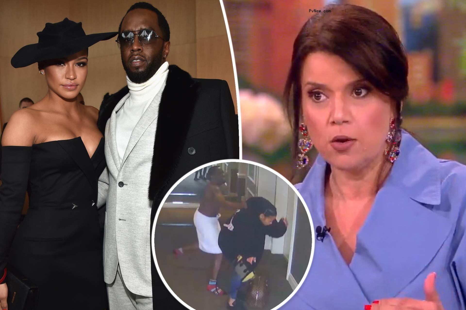 A split photo of Sean Combs and Cassie Ventura and Ana Navarro talking on 