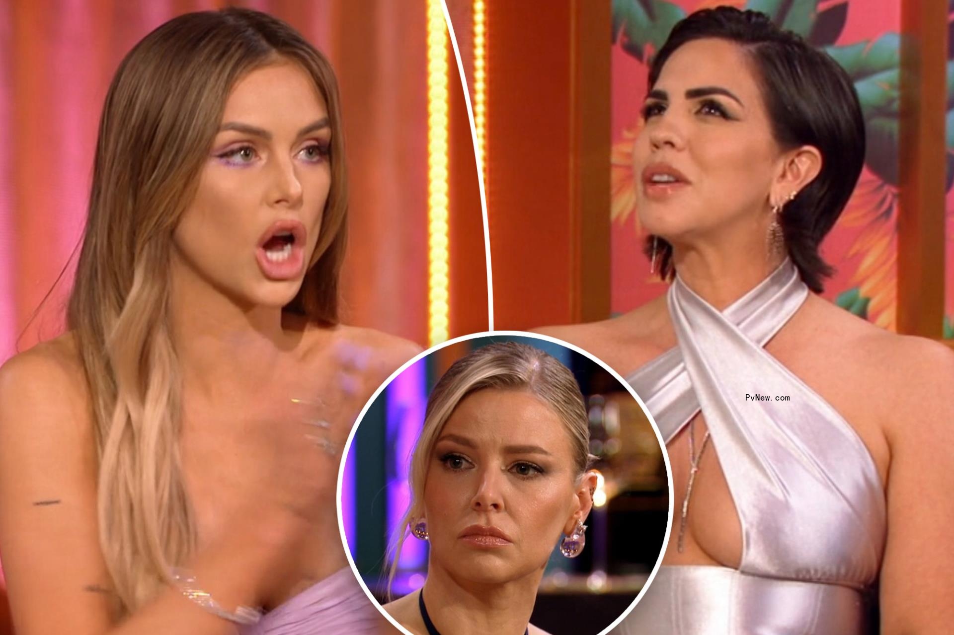 A split of Lala Kent talking and Katie Malo<i></i>ney talking and a small photo of Ariana Madix talking