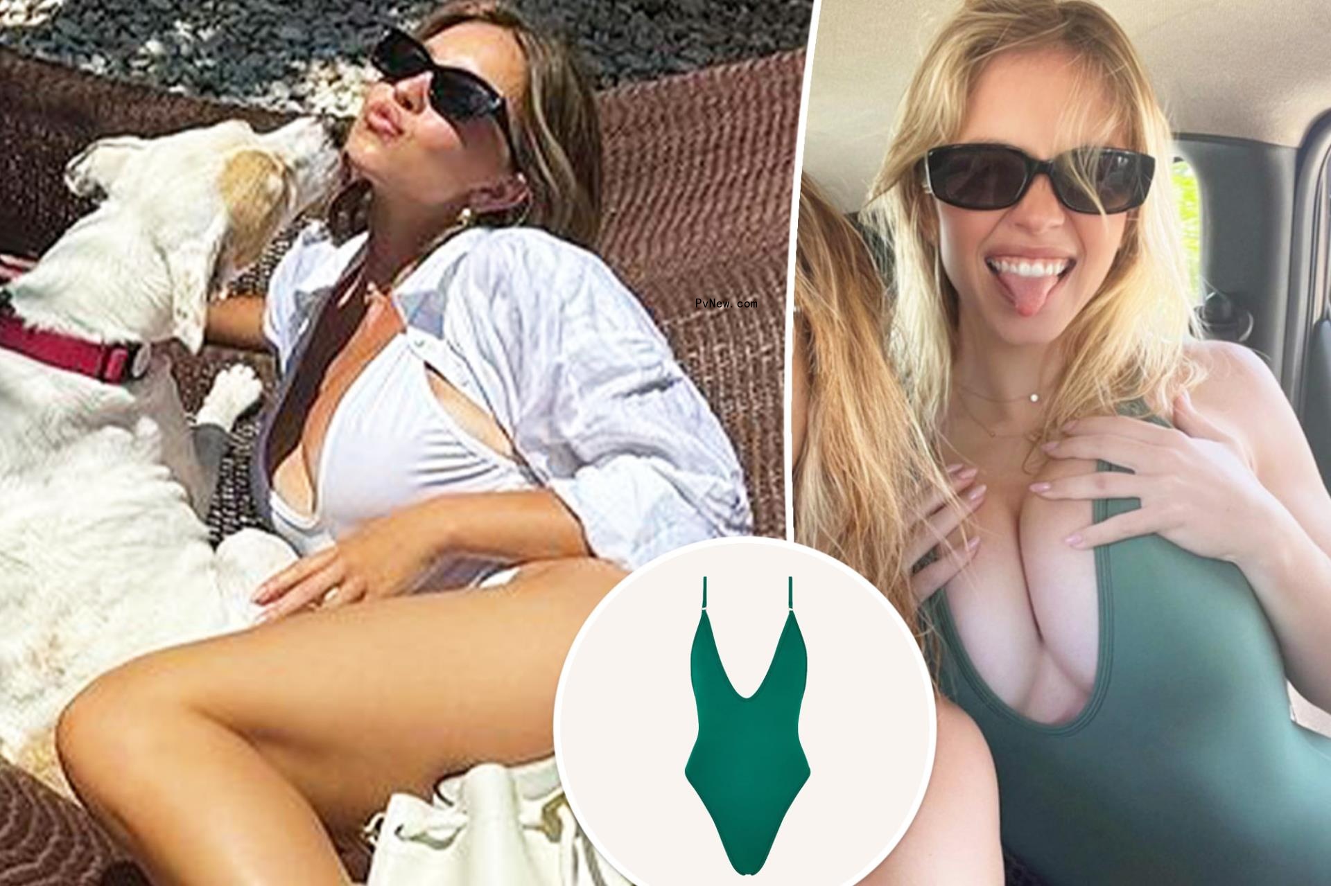 Sydney Sweeney in swimsuits with an inset of the suit itself