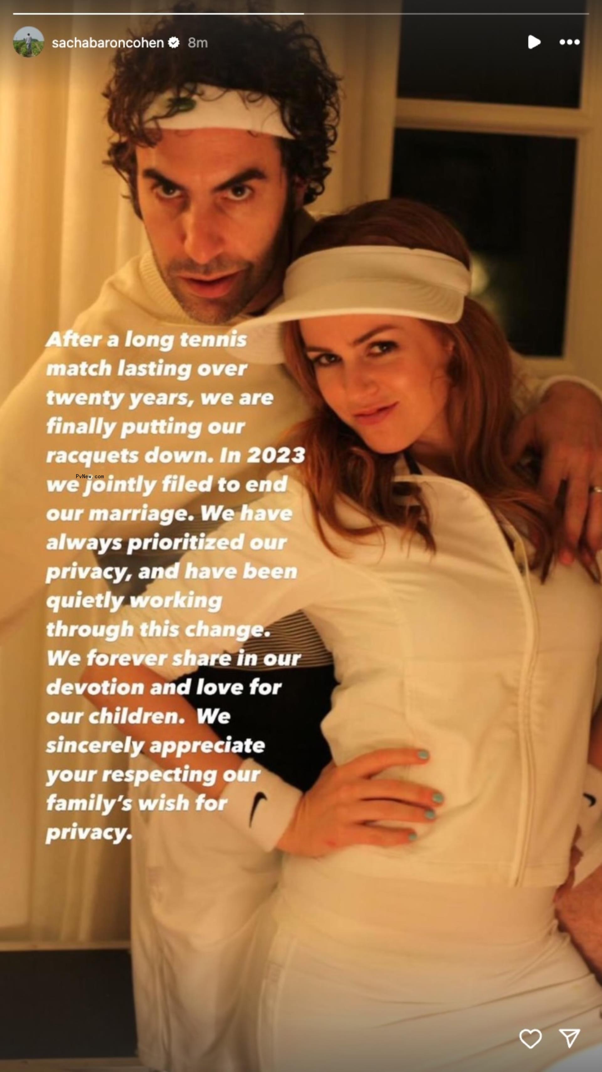 After a long tennis match lasting over twenty years, we are finally putting our racquets down. In 2023 we jointly filed to end our marriage. We have always prioritized our privacy, and have been quietly working through this change.We forever share in our devotion and love for our children. We sincerely appreciate your respecting our family's wish for privacy.