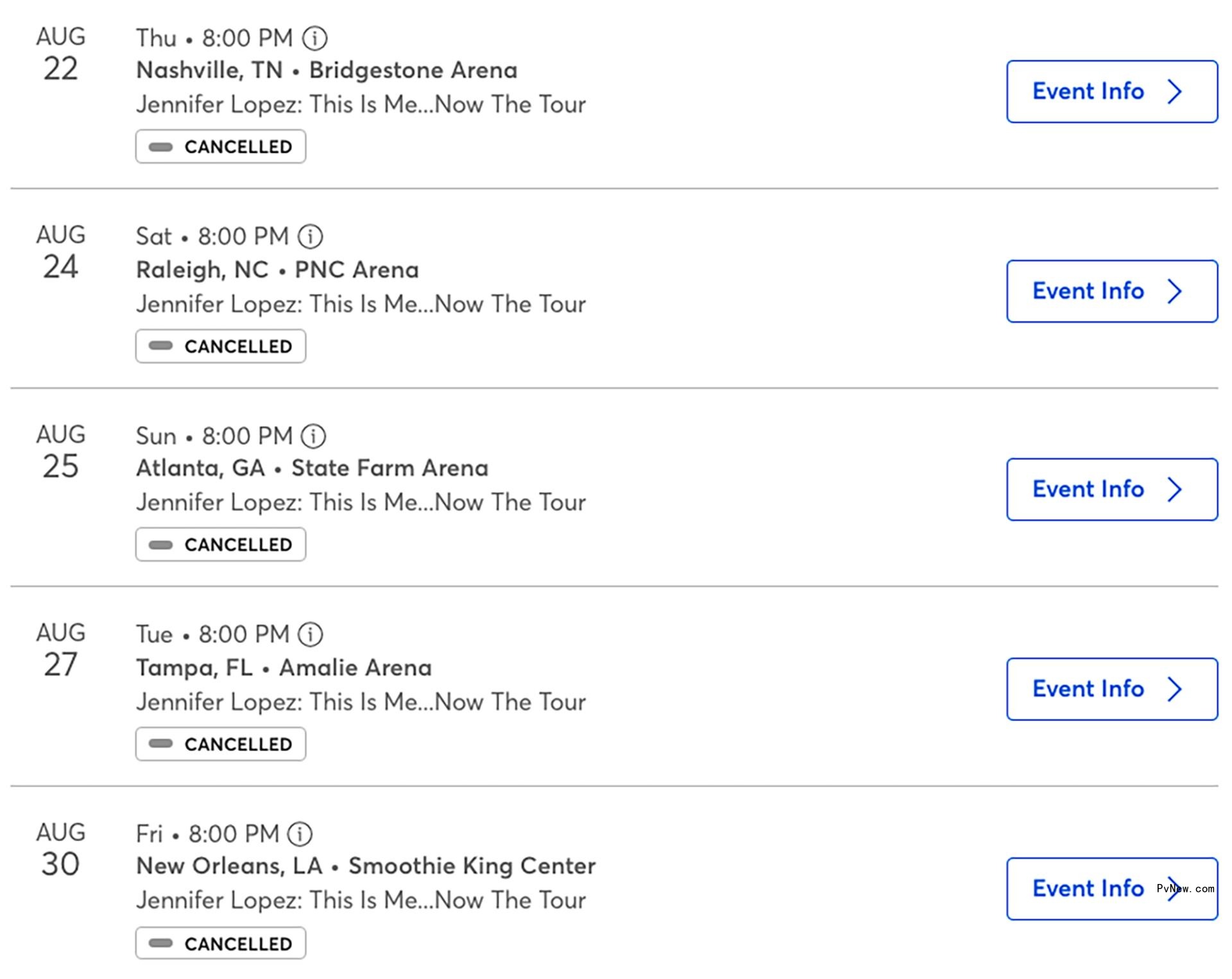 Jennifer Lopez's canceled tour dates.