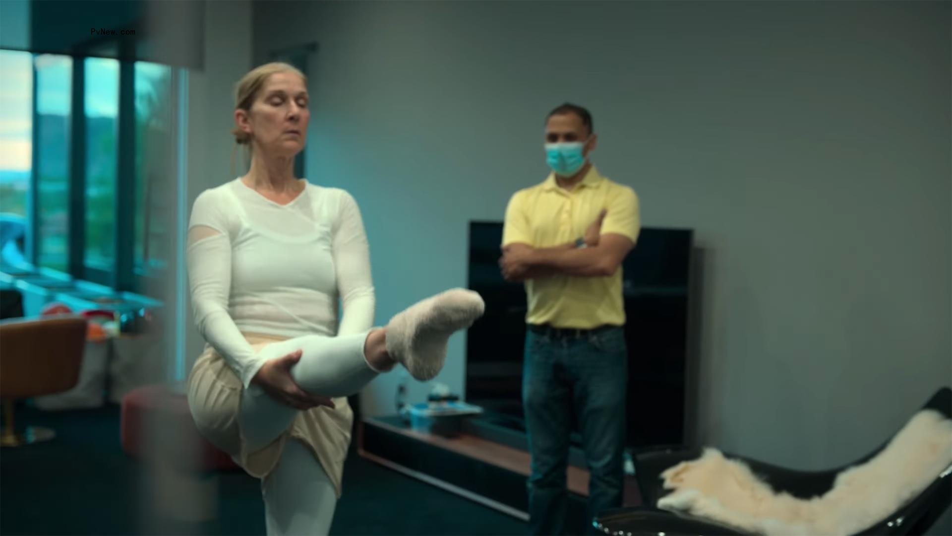 Celine Dion stretching. 