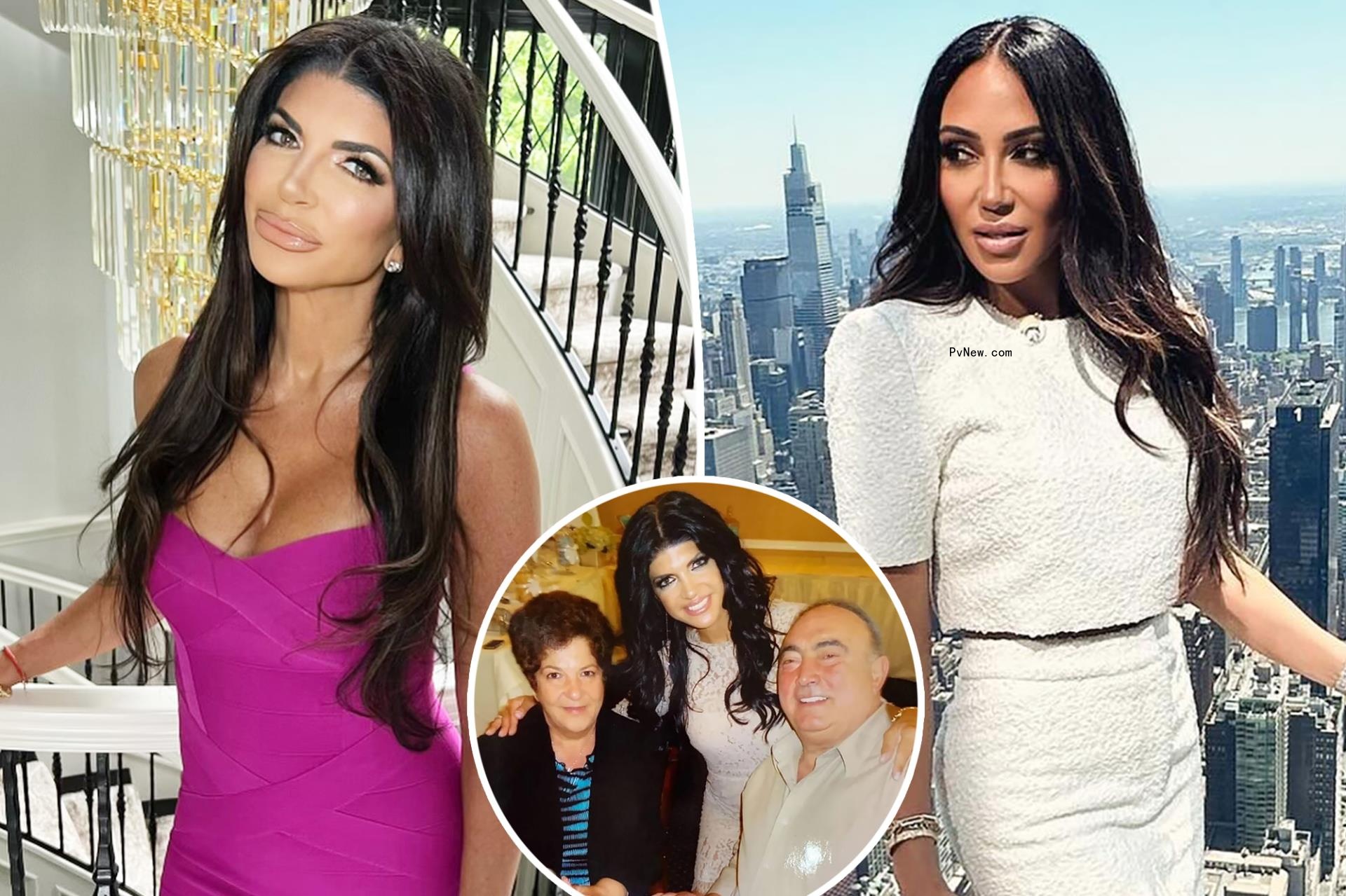 A split photo of Teresa Giudice smiling and Melissa Gorga posing and a small photo of Teresa Giudice with her parents