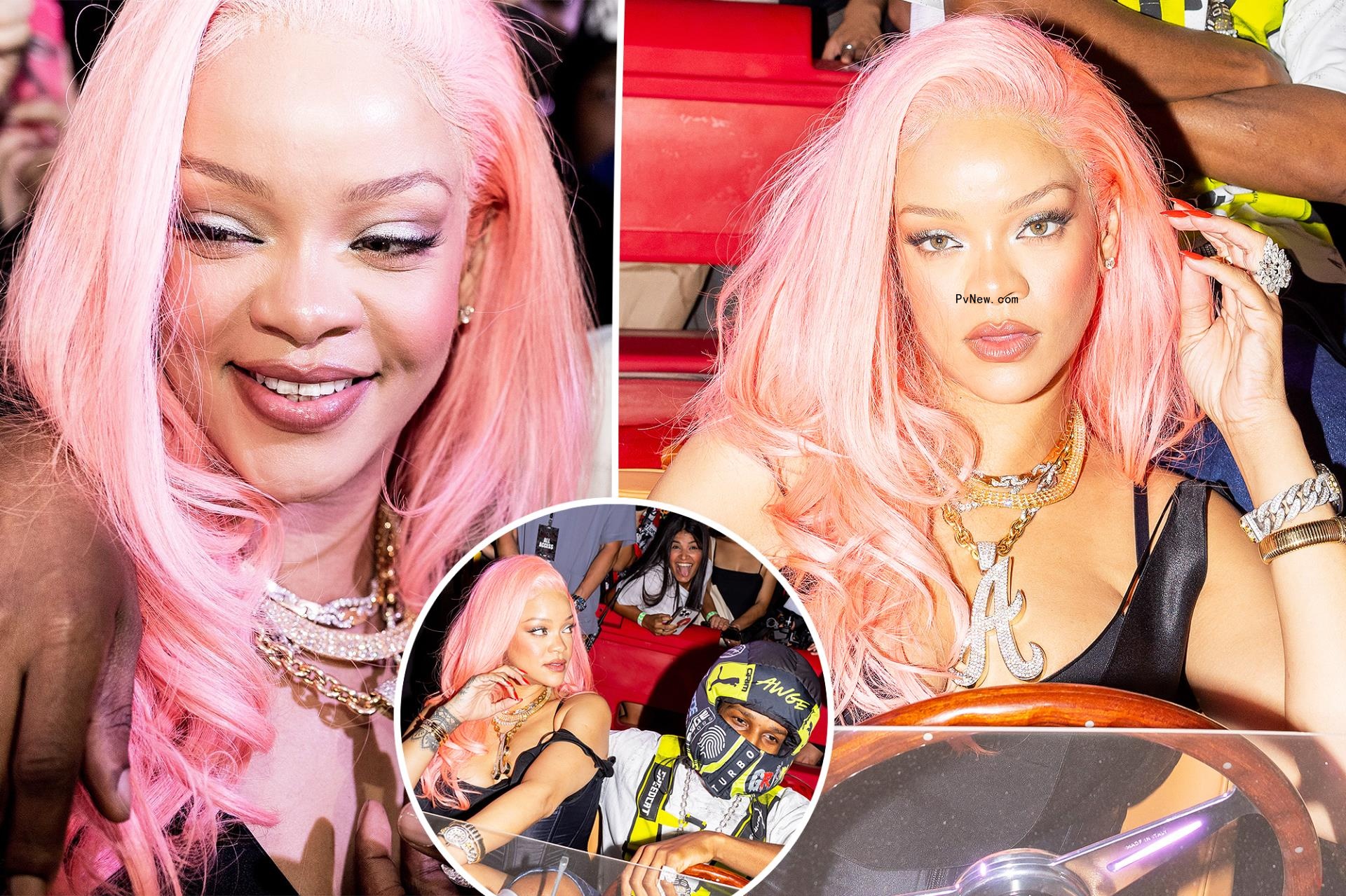 A$AP Rocky and Rihanna with pink hair in Miami.