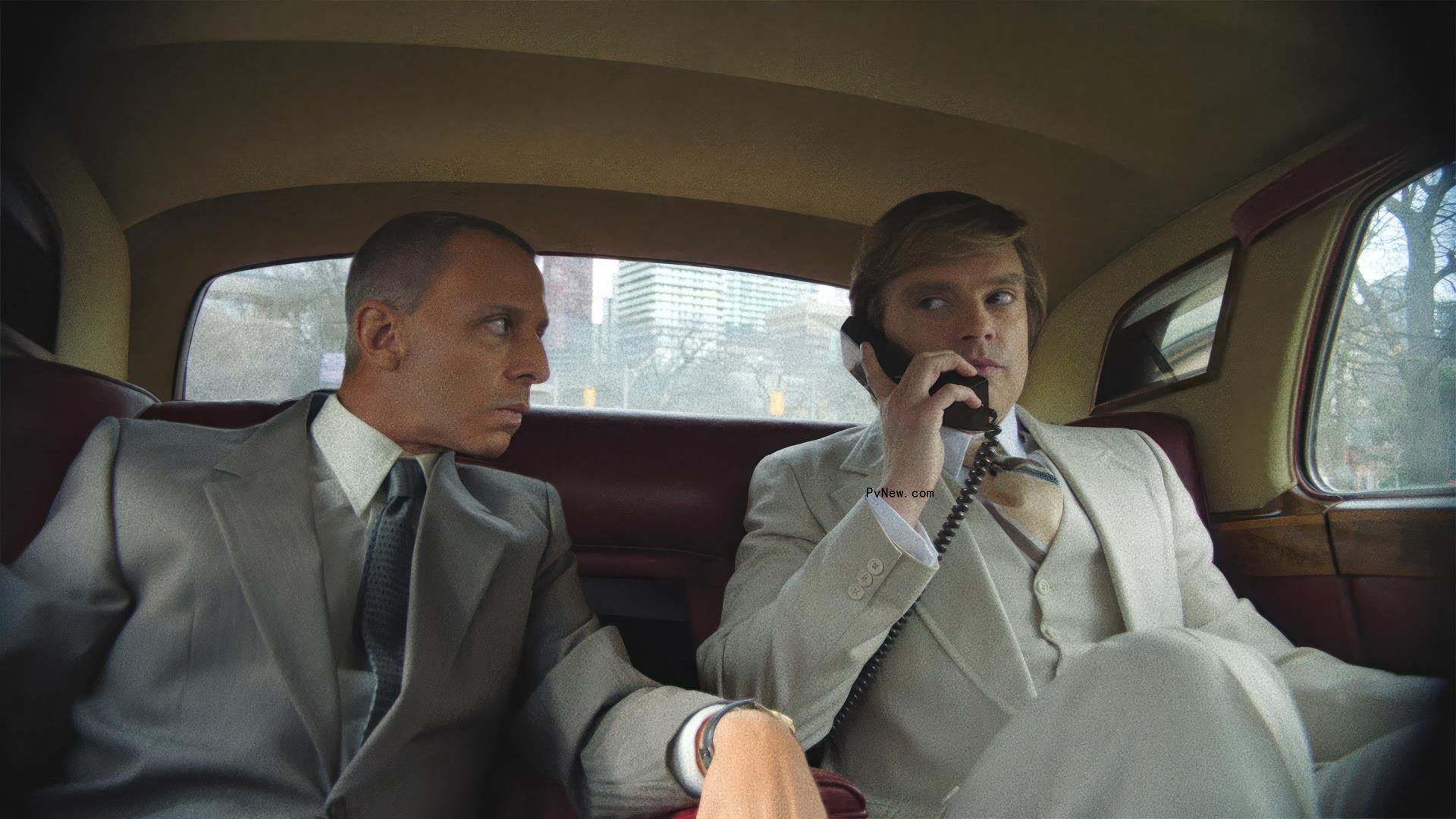 Sebastian Stan as Do<i></i>nald Trump with Jeremy Strong as Roy Cohn.