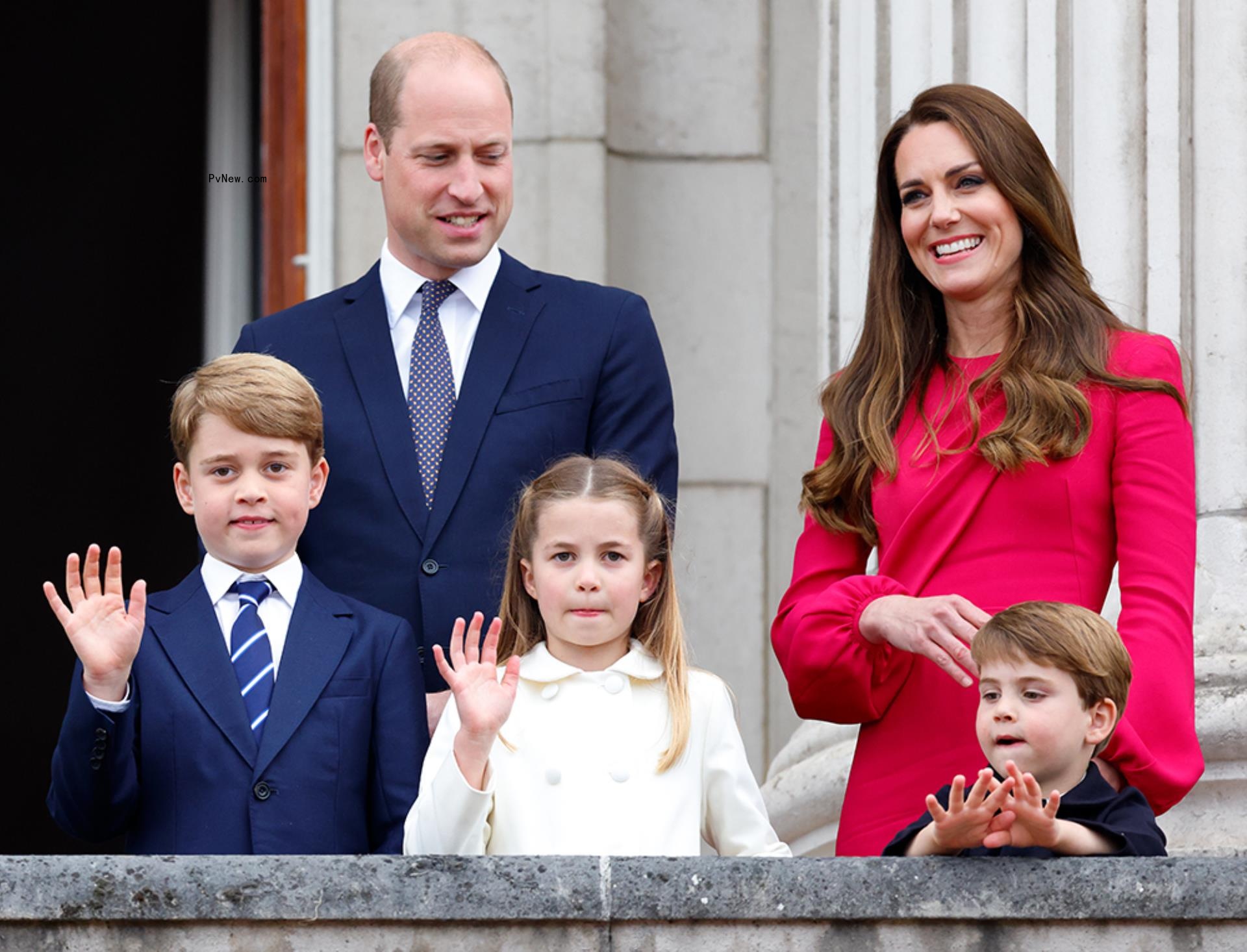 Kate Middleton and Prince William with their kids on a balcony.