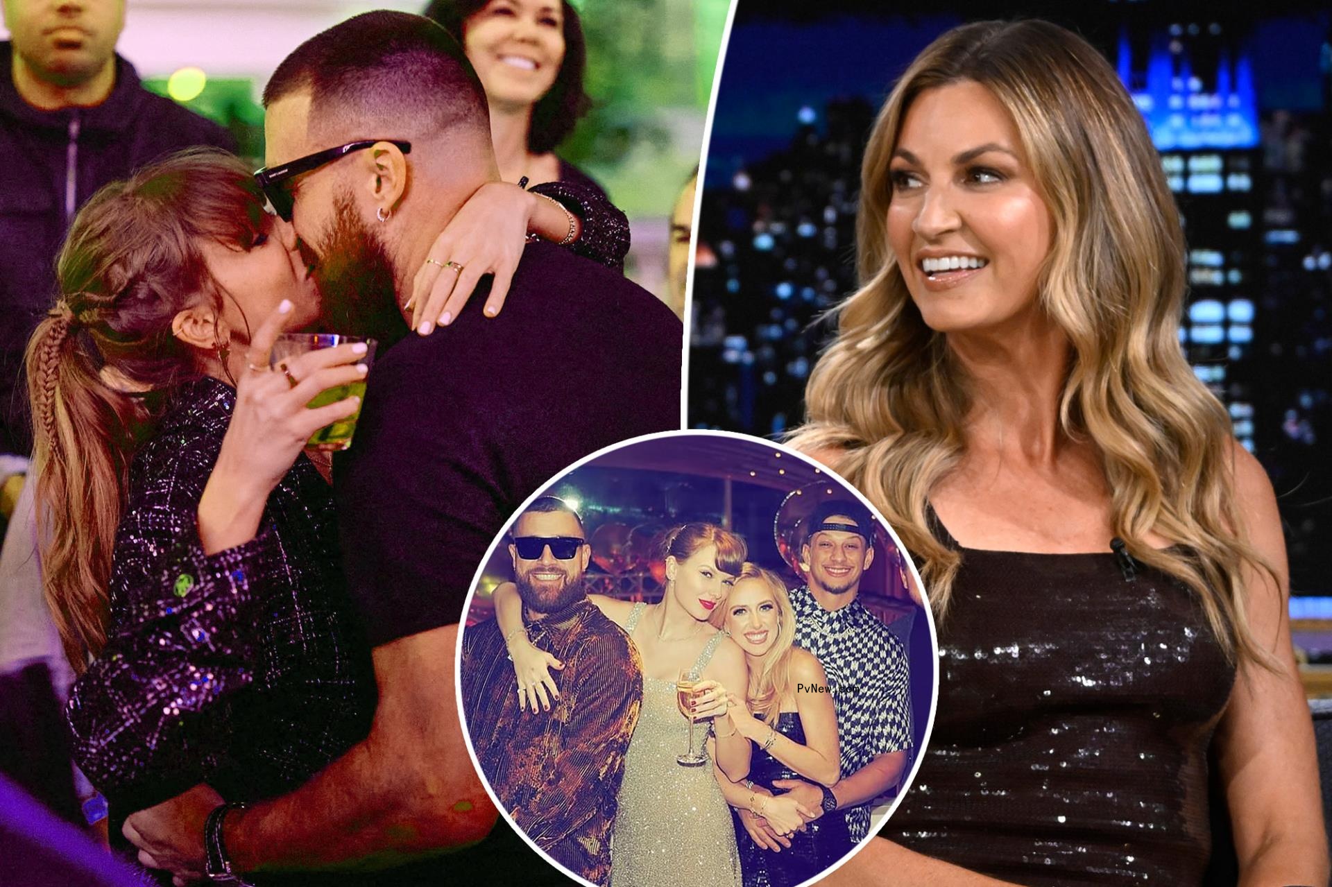 A spit photo of Taylor Swift and Travis Kelce kissing and Erin Andrews smiling and Taylor Swift and travis Kelce with Patrick Mahomes