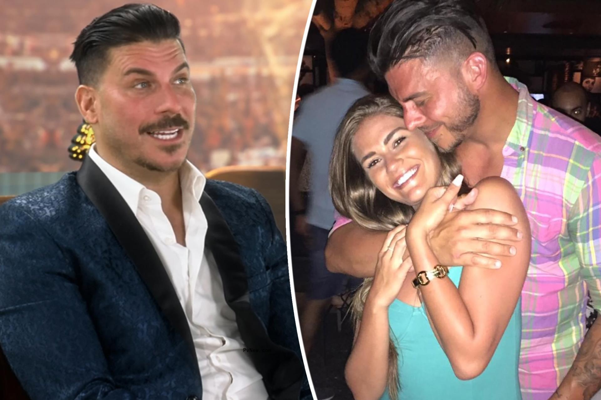 A split photo of Jax Taylor sitting and Brittany Cartwright and Jax Taylor hugging
