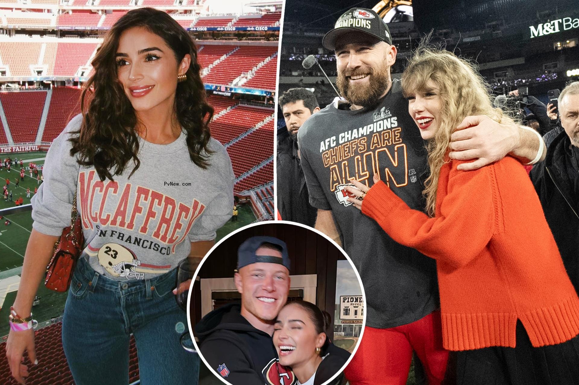 Oliva Culpo split with Taylor adn Travis Kelce with an inset of Culpo and Christian McCaffrey.