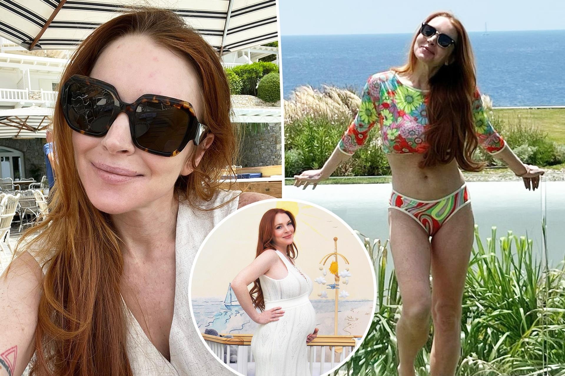 Lindsay Lohan poses in colorful swimsuit 10 mo<i></i>nths after welcoming first baby