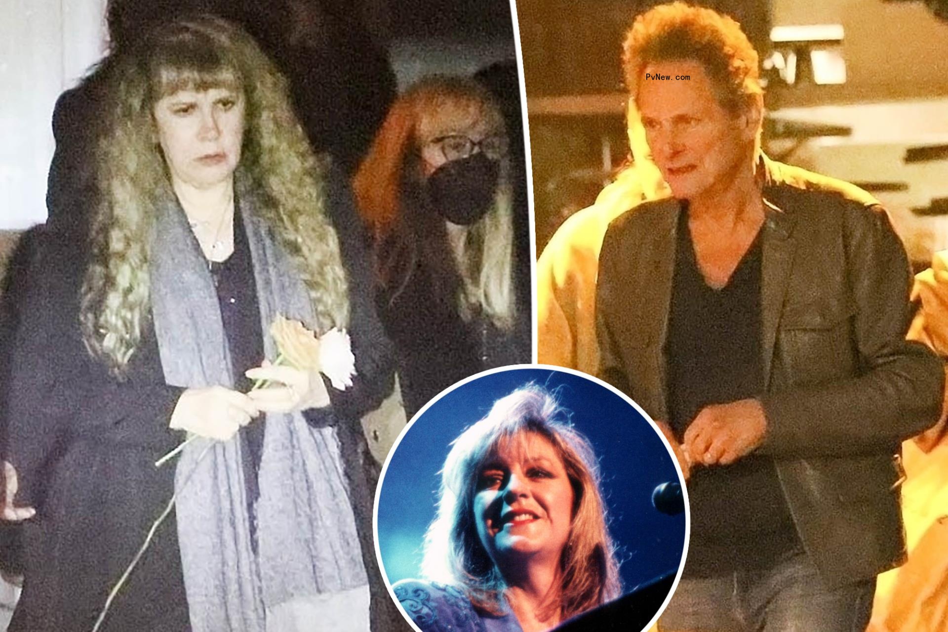 A composite of a close-up of Christine McVie, Stevie Nicks leaving McVie's memorial service and Lindsey Buckingham leaving McVie's memorial service.